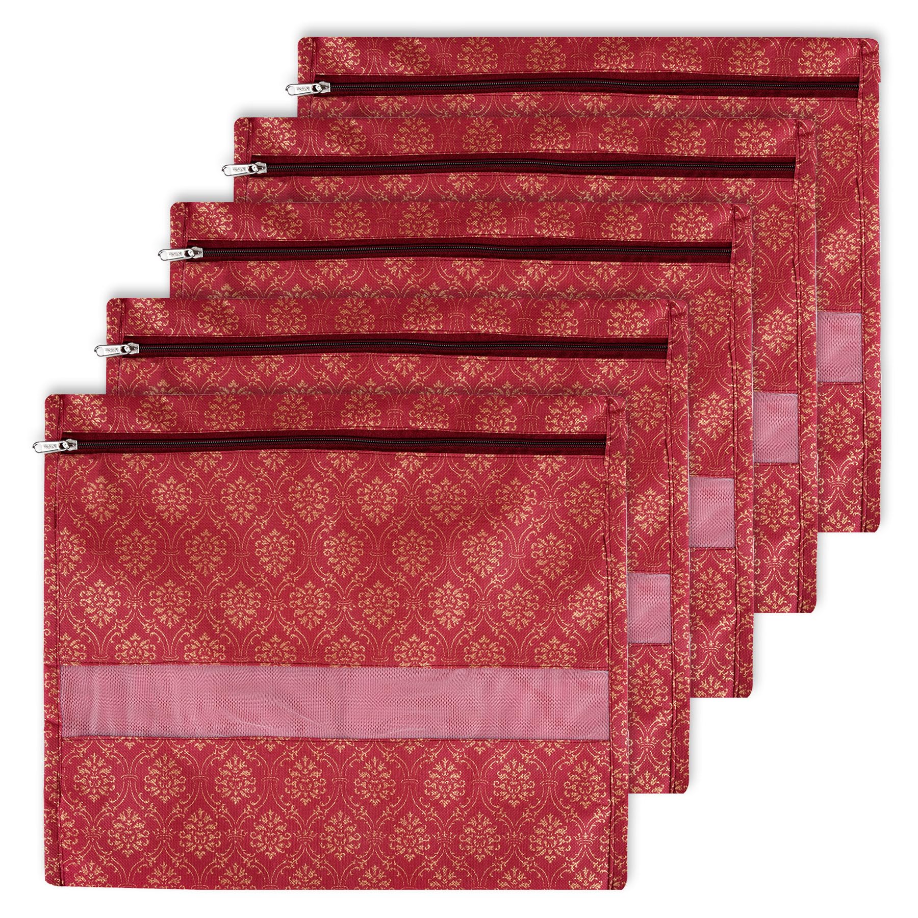 Kuber Industries Pack of 5 Single Saree Bags | Mesh Window Cloth Storage Bags Set | Clothes Bags for Storage | Non-Woven Wardrobe Organizer | Single Packing Saree Bags | Golden-Print | Maroon
