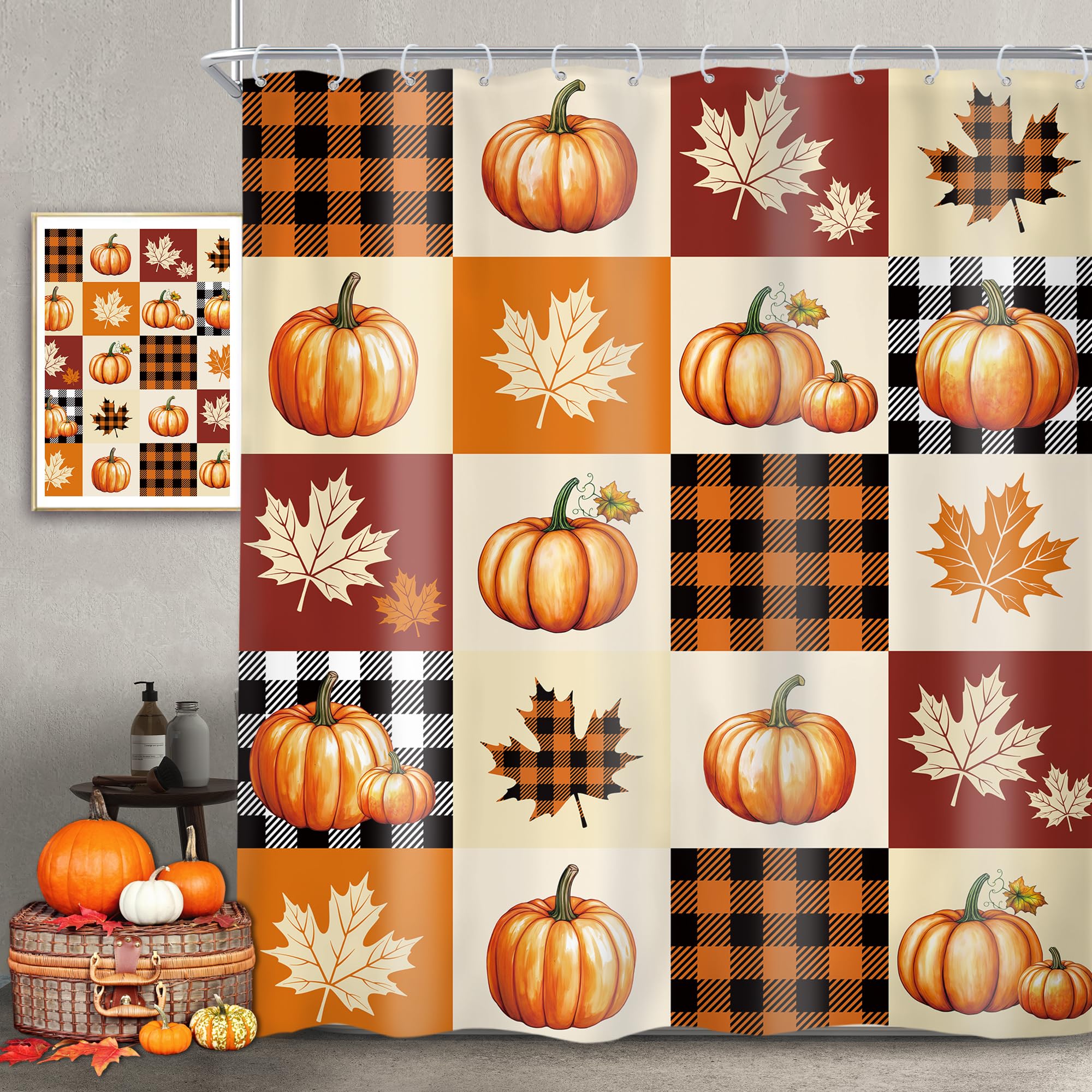Farmhouse Autumn Fall Pumpkin Maple Leaves Bathroom Shower Curtain Set — image 1