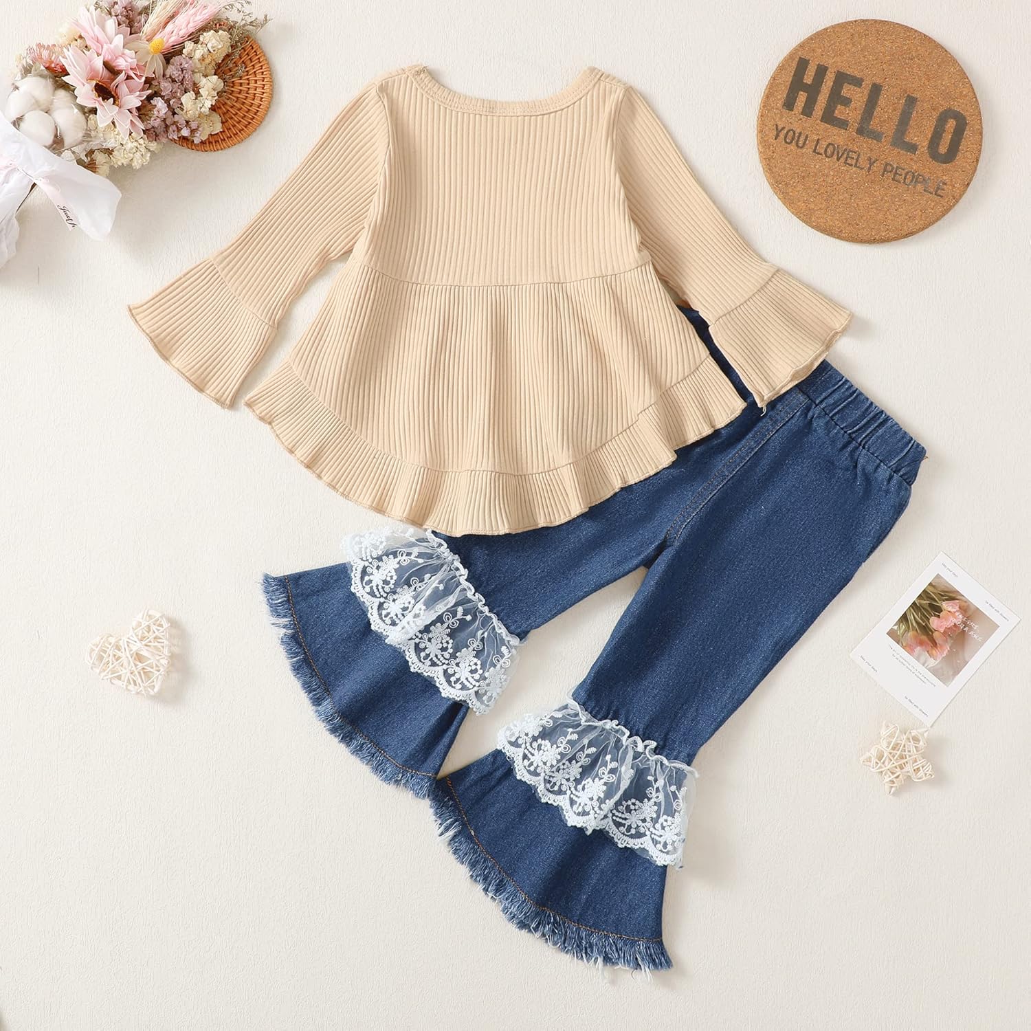 XUANHAO Baby Girl Clothes 12 18 24 Months Outfits For Infant Toddler Denim Girls' Clothing Ruffle Top Ripped Jeans Pant Sets - Image 3
