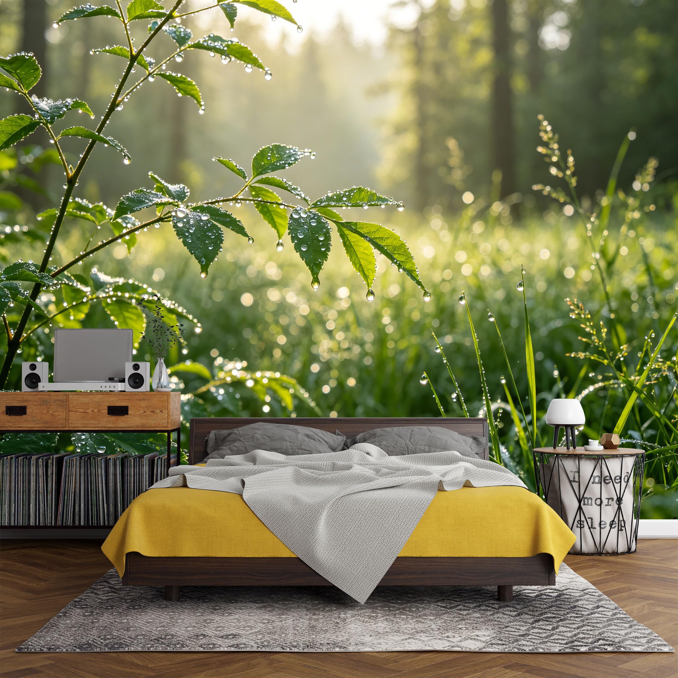 Custom Size Wall Mural， Botanical Morning Dew Leaves Forest Light Nature Greenery Scene，SelfAdhesive Art Prints wall Fabric (No PVC) Removable Wallpaper Living Room Decor