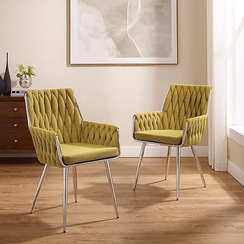 Art Leon Juego de 2 sillas de comedor modernas, sillas decorativas de tejido a mano, sillas de comedor tapizadas de lino, silla auxiliar con patas