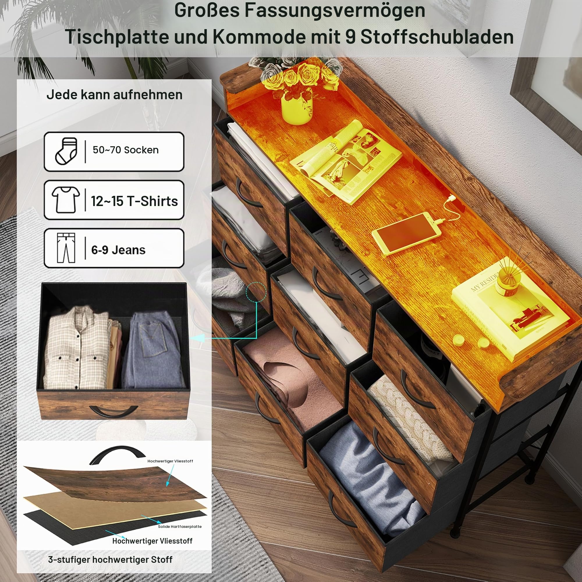 VEDECASA Kommode mit 9 Stoffschubladen und LED-Beleuchtung,2 USB-Ports & 2 AC-Steckdosen,Sideboard mit Holzplatte, Metallrahmen, 9 Schubladen kommode für Schlafzimmer, Wohnzimmer, Braun