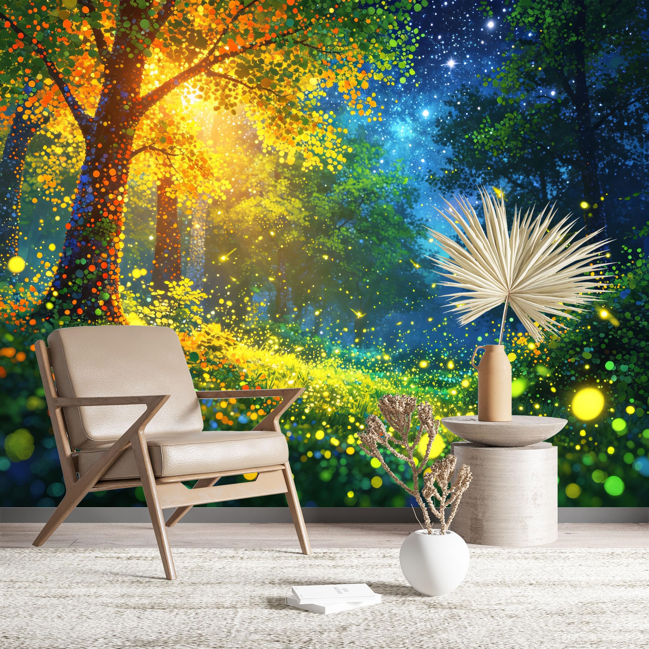 Custom Size Wall Murals Enchanted Forest with Glowing Fireflies HD Self-Adhesive Wall Fabric (NO PVC) Removable Wallpaper for Living Room Bedroom