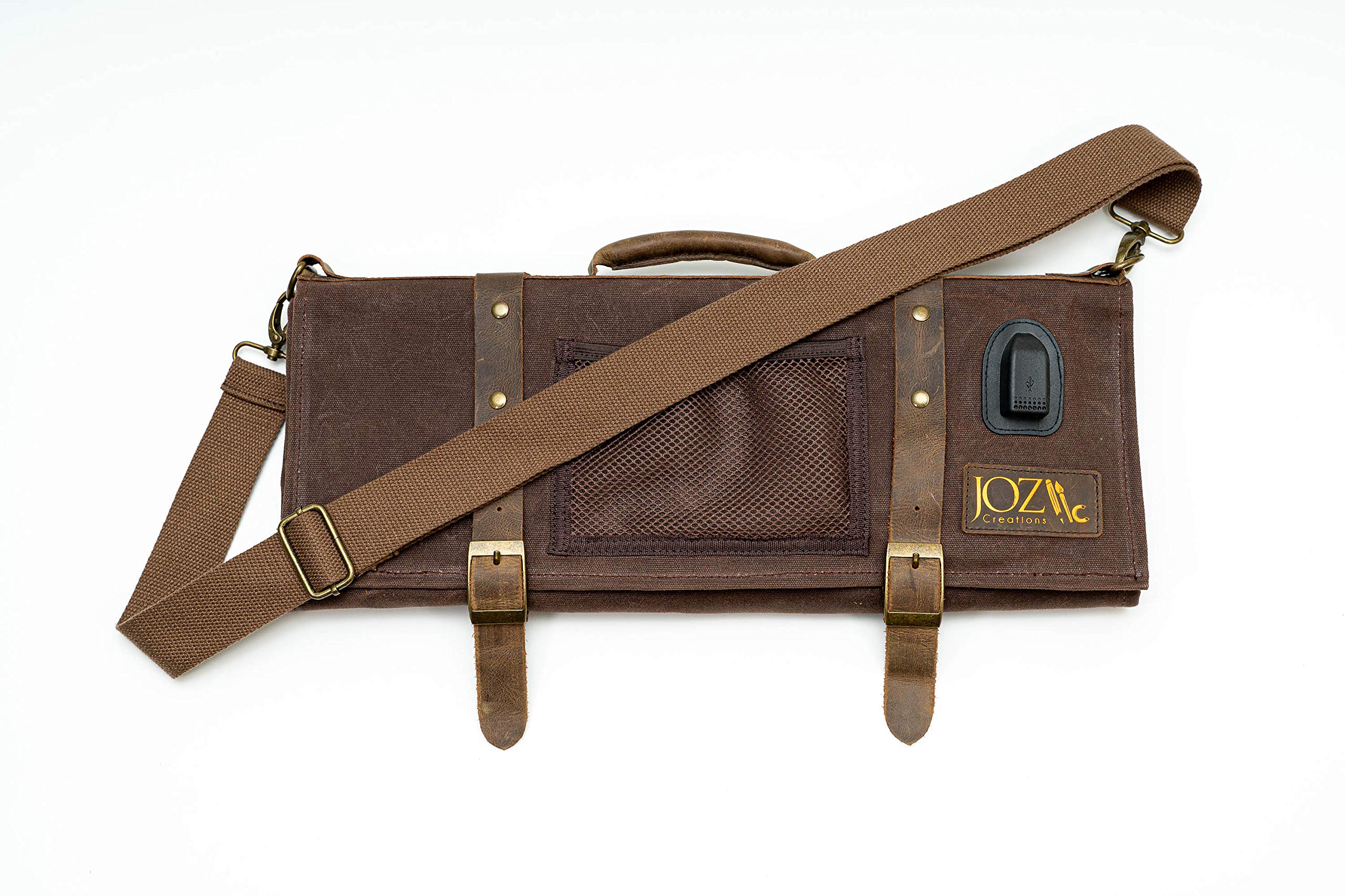 Chef Knife Roll Bag Waxed Canvas Genuine Leather USB | Amazing Gift for Tech Savvy Executive Chefs & Culinary Students (Brown) | JOZ Creations LLC knife bag with USB port