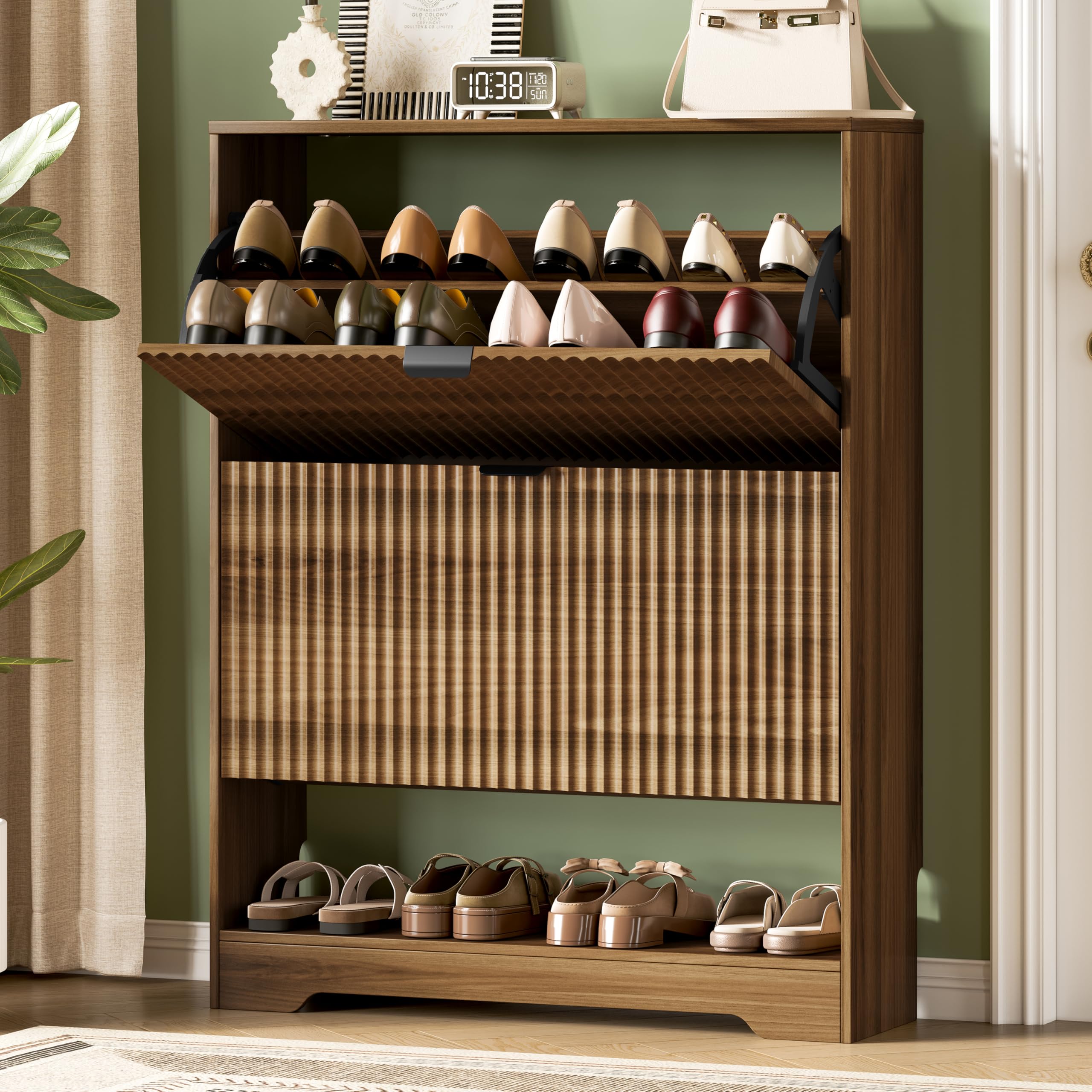 Xixini Shoe Storage Cabinet for Entryway with 2 Flip Drawers, Slim Hidden Shoe Organizer with Modern Fluted Panel, Wood Freestanding Narrow Shoe Rack for Front Door Entrance, Hallway, Foyer, Walnut
