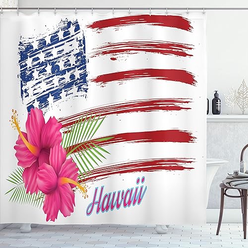 Miniatura 40 de Ambesonne Cortina de ducha hawaiana, diseño de hibisco hawaiano tropical, silueta de niña, tabla de surf, impresión de arte retro, juego de Fucsia