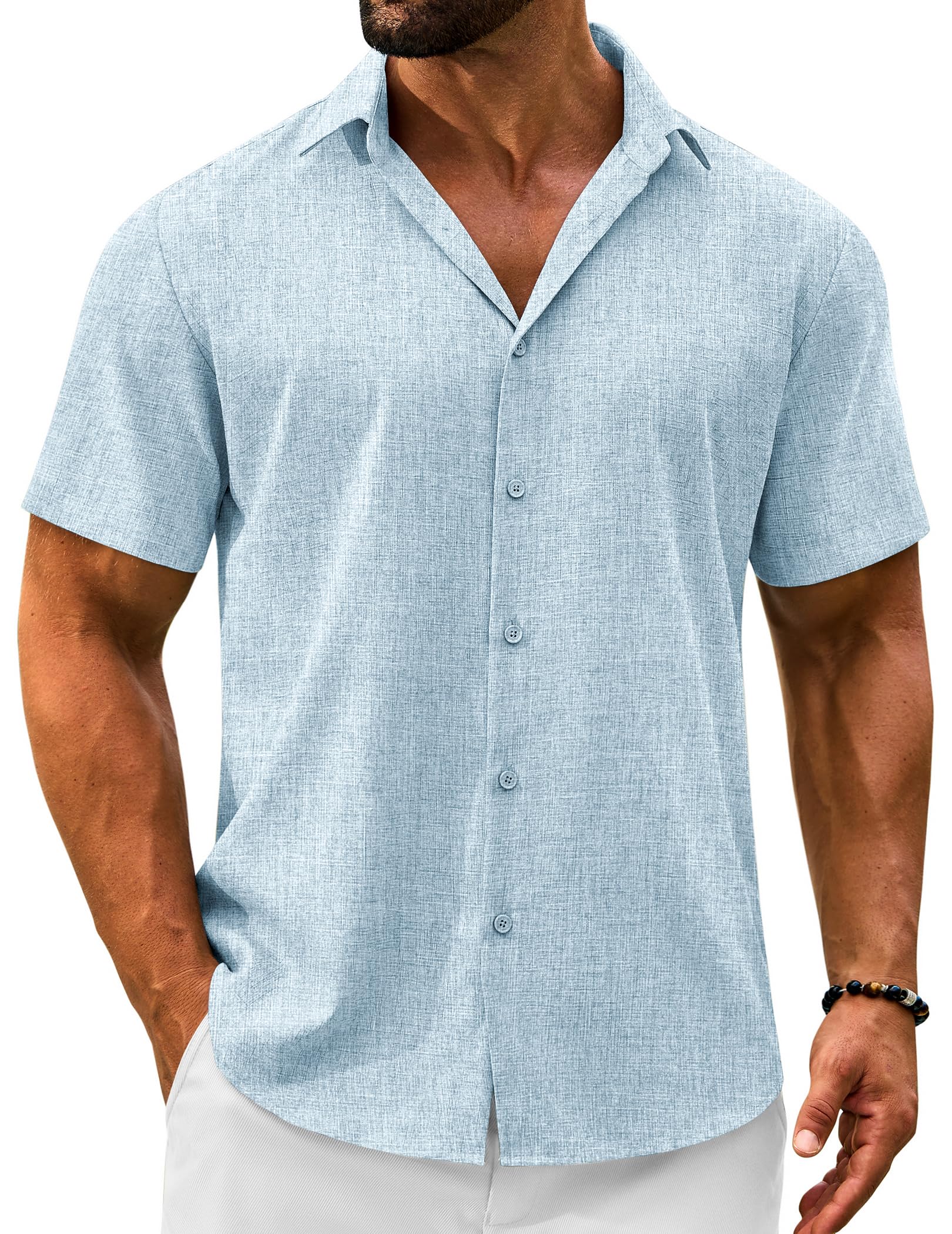 VOZZBY Men's Linen Shirts Short Sleeve Casual Button Down Shirts Summer Beach Wedding Vacation Cotton Tops