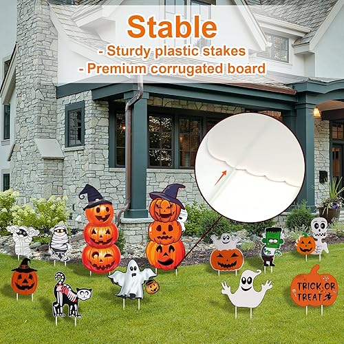 Vista 25 de GameXcel Letreros de Halloween para patio – Estacas grandes de calabaza fantasma, monstruo para decoración de Halloween, decoración de césped al