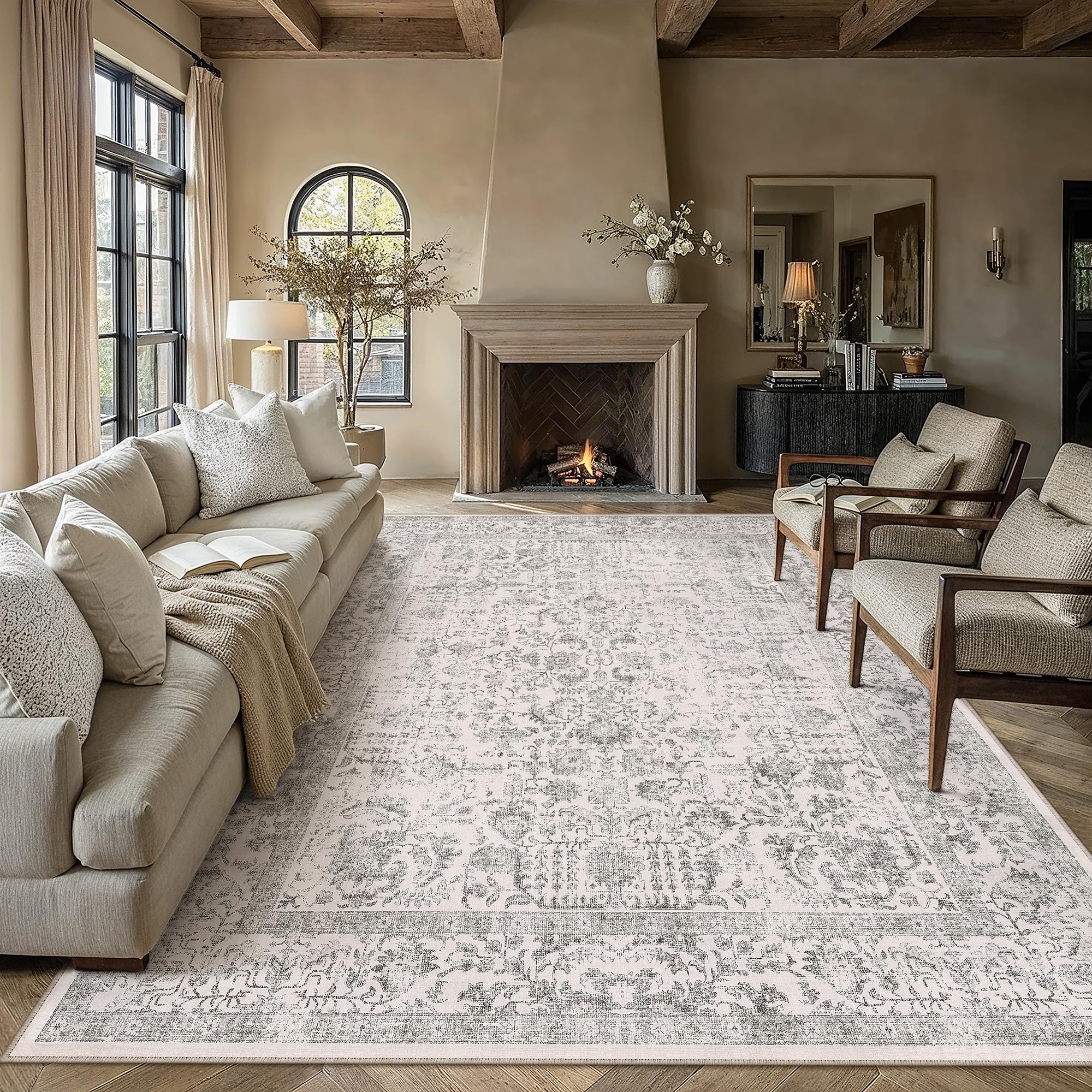 PureCozy Gray Area Rug 8x10 Machine Washable Large Vintage Living Room Distressed Non Slip Carpet Traditional Indoor Bedroom Grey Retro Floral Accent Throw Rug for Office Kitchen Dining Room