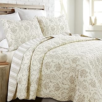 French Medallion 100% Cotton Bedding Quilt Set, Beige Ivory Rose Flower Reversible Coverlet Bedspread for Bedroom/Guestroom, Gifts for Women Men(Cream Eggnog, Queen -3 Piece)