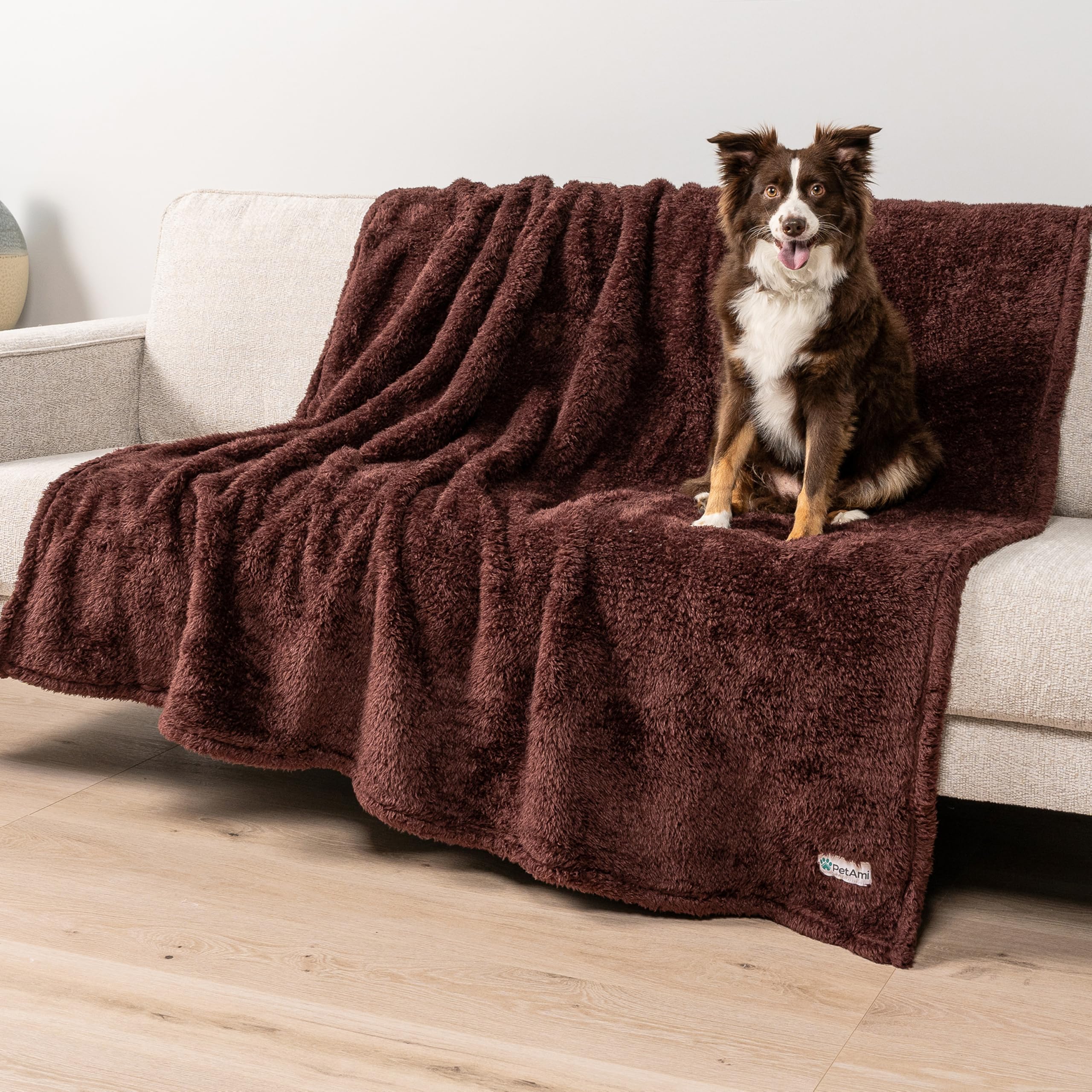 PetAmi Fluffy Waterproof Dog Blanket for Couch and Bed, Reversible Sherpa Pet Throw, Pee Proof Furniture Protector Sofa Cover, Washable Cat Blanket for Medium Large Dogs and Cats (Brown, 60x80)