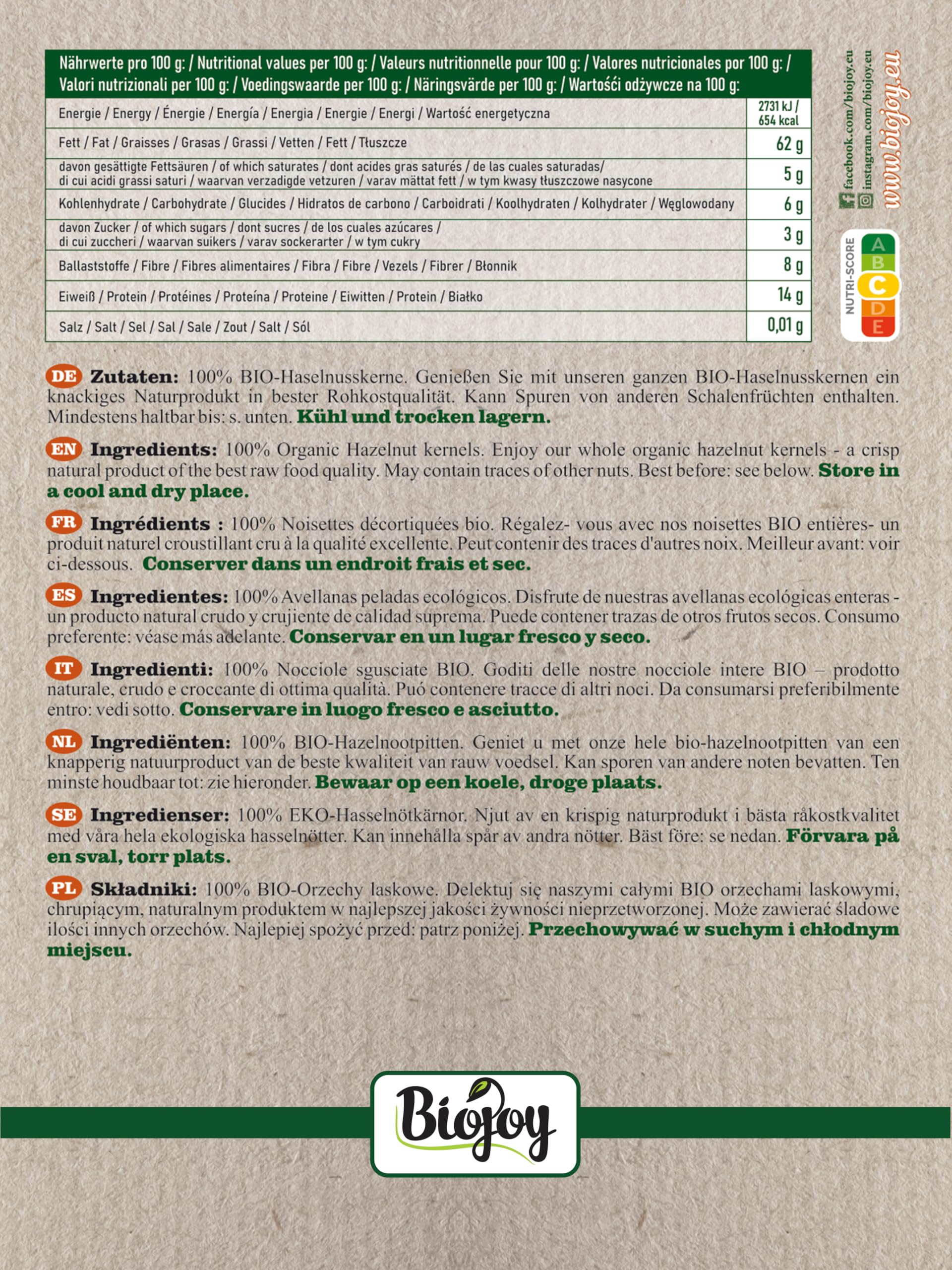 Biojoy Nocciole Sgusciate BIO (1 kg), crude e non salate