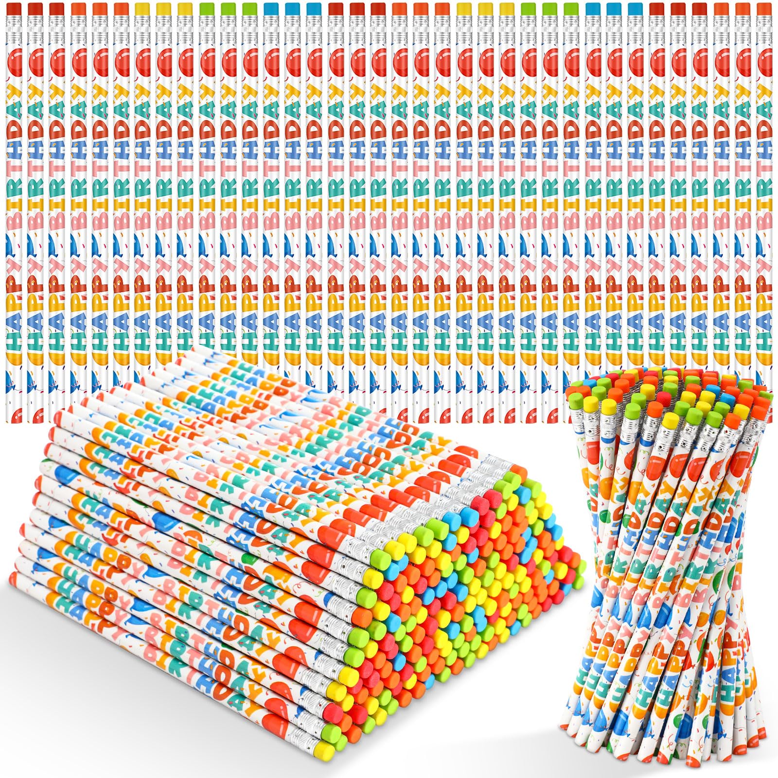 Kosiz 400pcs Happy Birthday Pencils Bulk for Students Classroom Back to School Birthday Gifts Colorful Printed with Top Erasers Suitable for Teachers