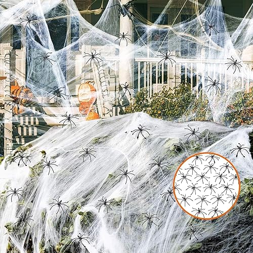 Miniatura 1 de Telaraña de Halloween de 1500 pies cuadrados con 60 arañas falsas extra, telarañas falsas superelásticas, telarañas blancas espeluznantes,