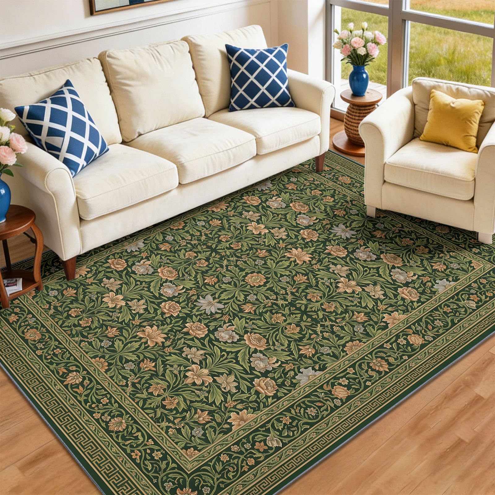 Art Deco Nature Interieur Tapis 60 x 90 cm Vert Poil Ras, AntidéRapant Tapis | Tapis Salon, Chambre Adulte Tapis,Descente de Lit, Salle a Manger, Bureau | Fleurs Feuillage Cadres Rectangulaires