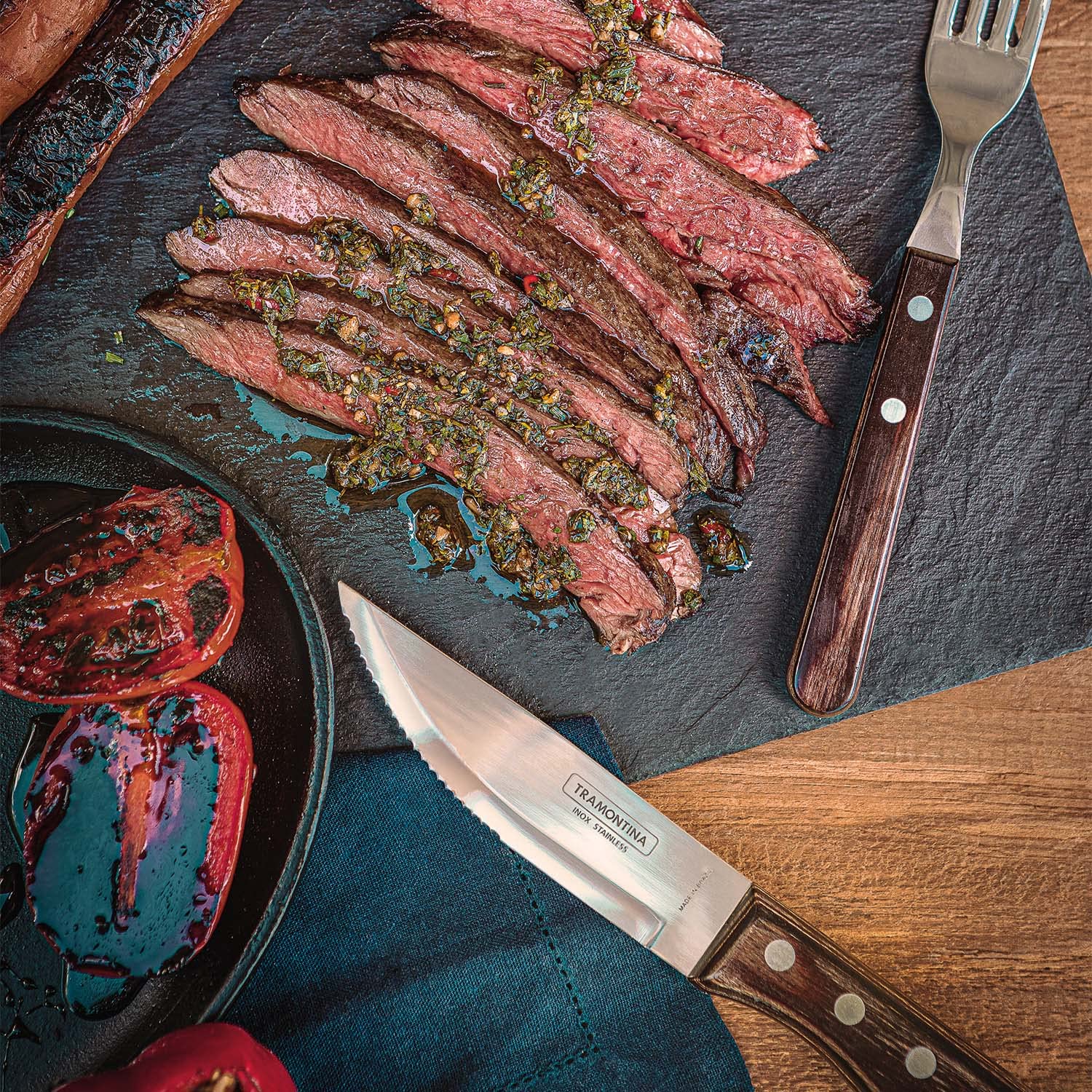 Tramontina Set di Coltelli da Bistecca Jumbo Acciaio Inossidabile e Manico in Polywood Castagno 6 Pezzi