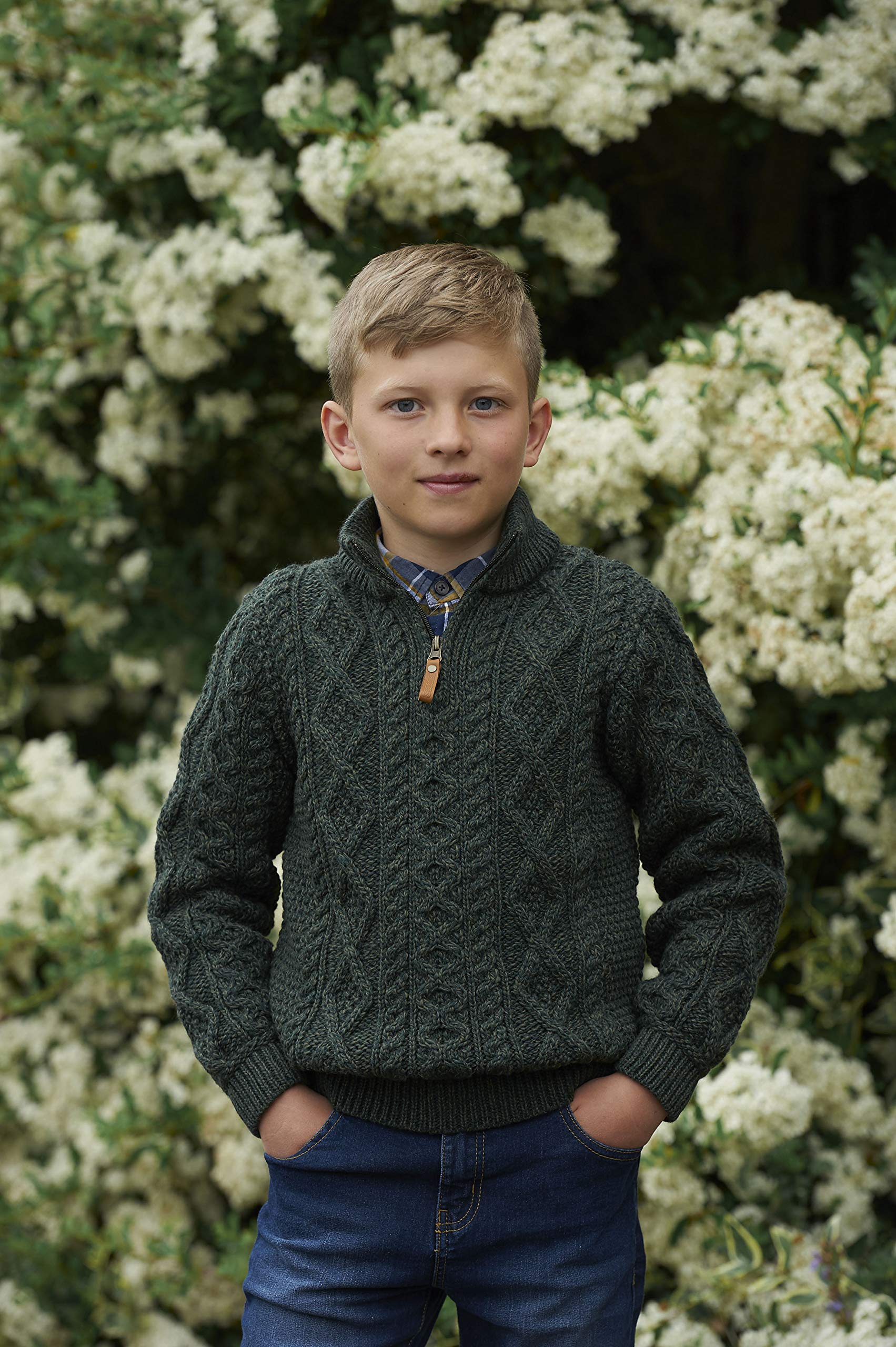 Aran Crafts Jungen Irish Cable Strickpullover mit halbem Reißverschluss (100 % Merinowolle)