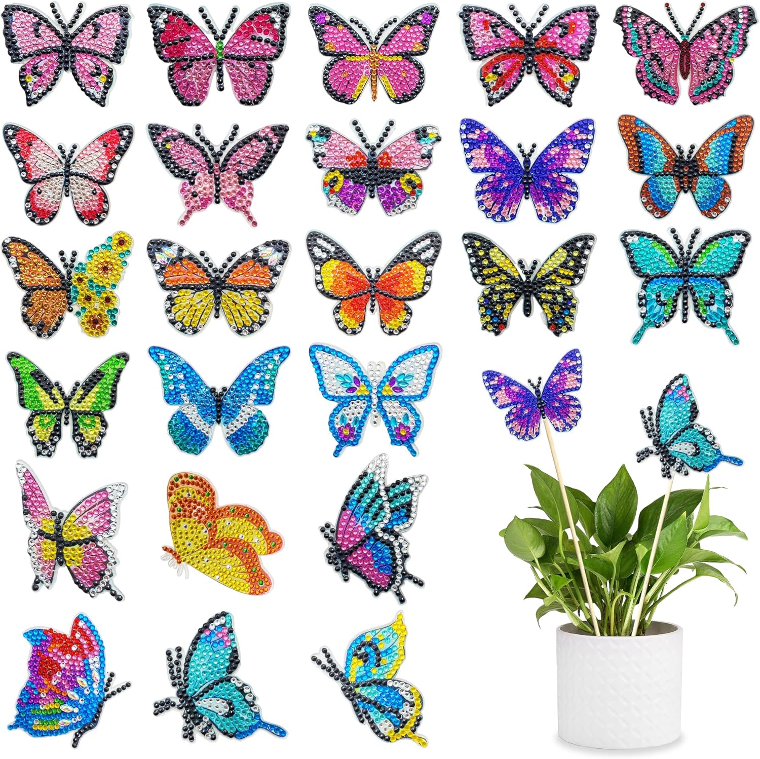 Kaiyuan Dynasty 24Pcs Butterfly Diamond Art for Garden Decor,Diamond Art Butterfly Kits,Butterfly Garden Stake Diamond Art Craft Kits,Butterfly Diamond Art Kits for Bonsai/Potted Plants/Yard Decor