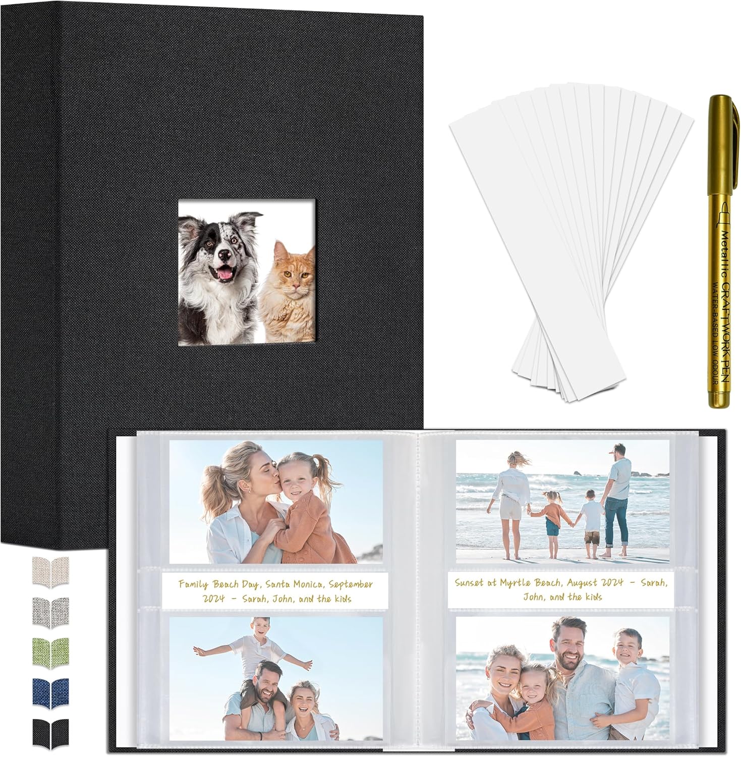 Vienrose Linen Cover Photo Album — 4 × 6 Memory Book 104 Photos with Front Window Writing Space with 26 Notes (10.24 x 7.48 Inches, 52 Pockets) — Perfect for Weddings Anniversaries and Birthdays (Black)