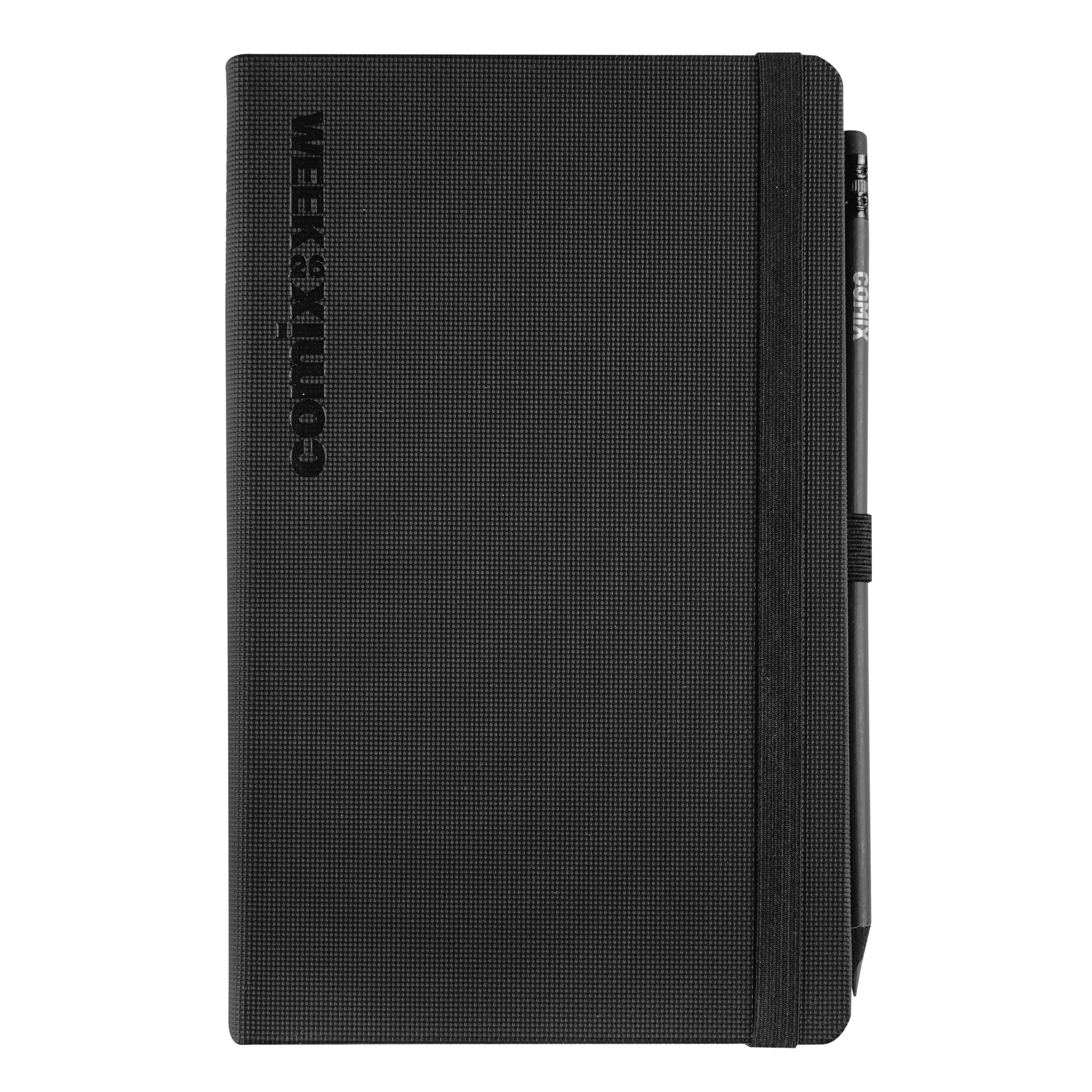 COMIX, Large - 2026 Weekly 12 Month Diary, with Elastic Closure and Elastic Loop for Pencil or Pen, COMIX Pencil Included, Double Bookmark - 13 x 21 cm, Tenax Black