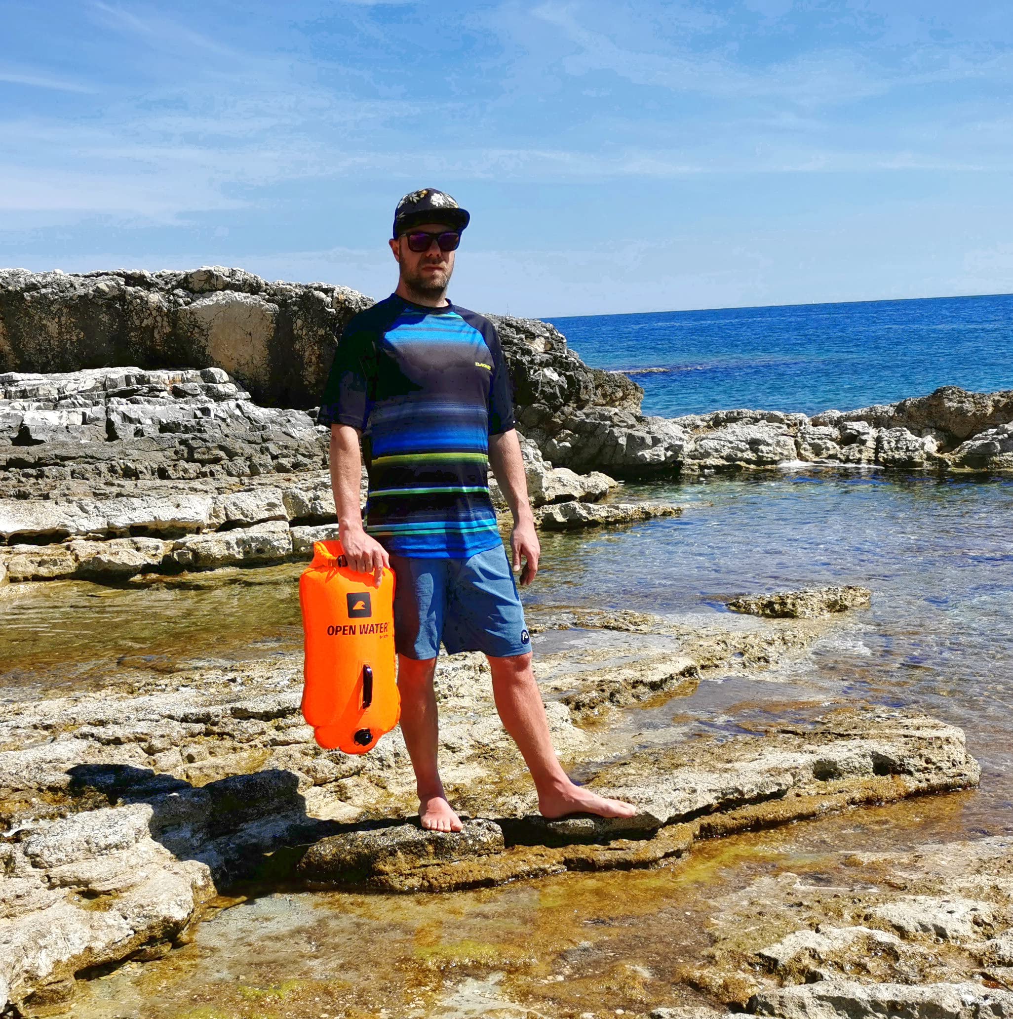OPENWATER Bouée de natation gonflable XL - grande bouée de sécurité avec une poche pour les choses 28L orange