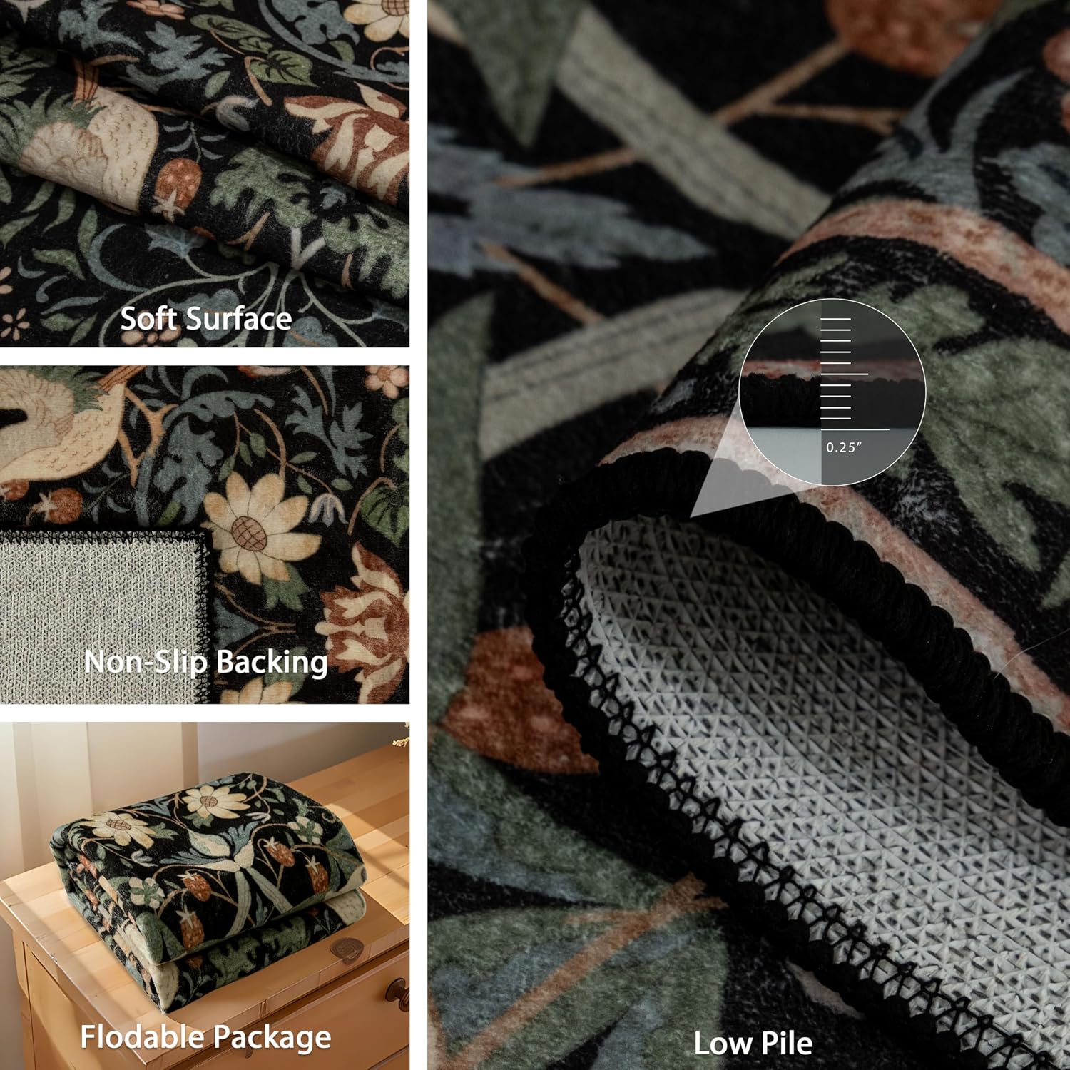 Small Rugs 2'x3',Boho Rug for Entryway Bathroom Kitchen Entrance Doormat,Farmhouse Bohemian Botanical Distressed Washable Accent Indoor Mat Floor Throw Carpet Non Slip,Black Floral Bird