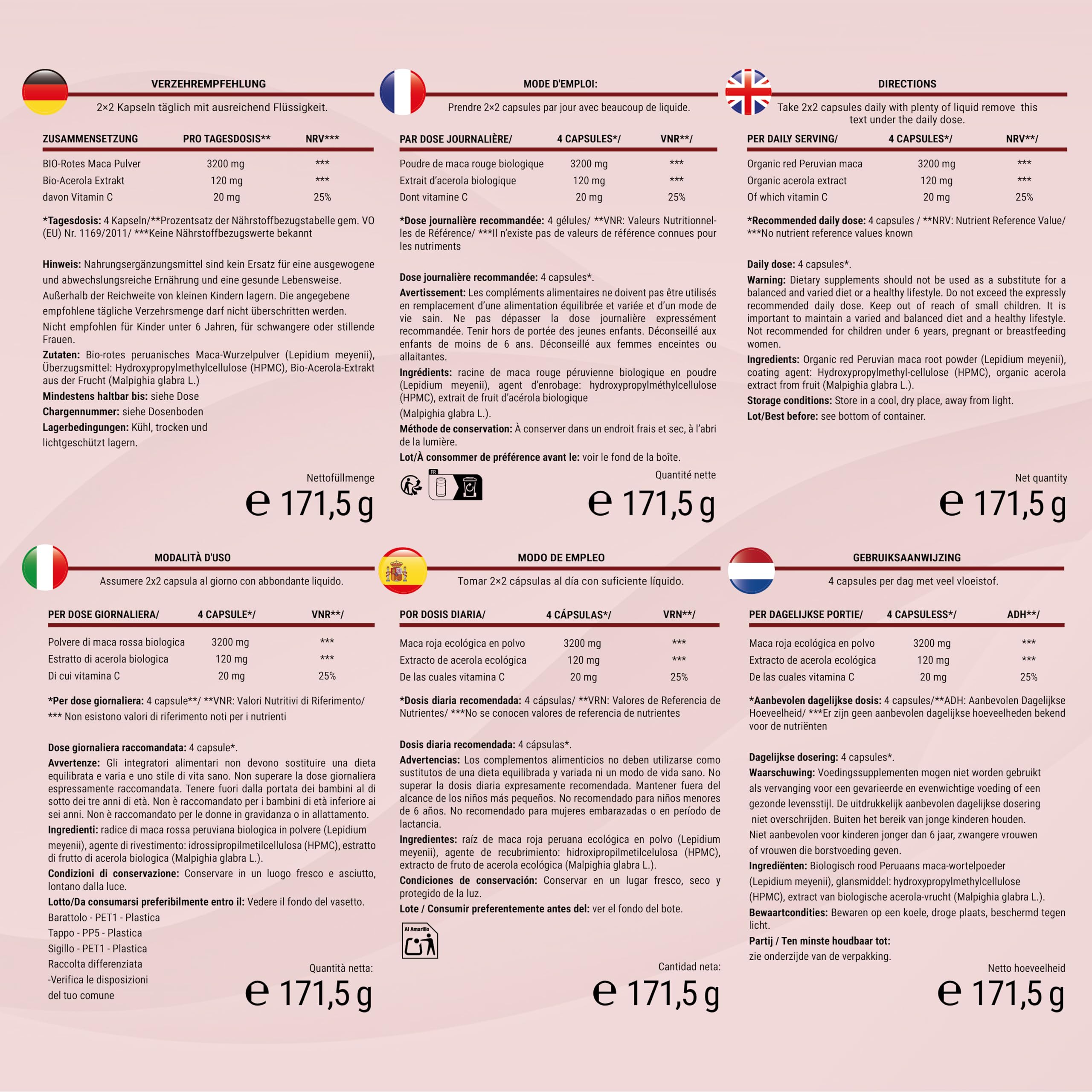 Maca Rossa Peruviana BIO - 180 capsule da radice di Maca Peruviana - Equilibrio ormonale per donna - 3.200mg per dose giornaliera (equivalenti a 12.800mg di radice del Perù) - Con vitamina C naturale