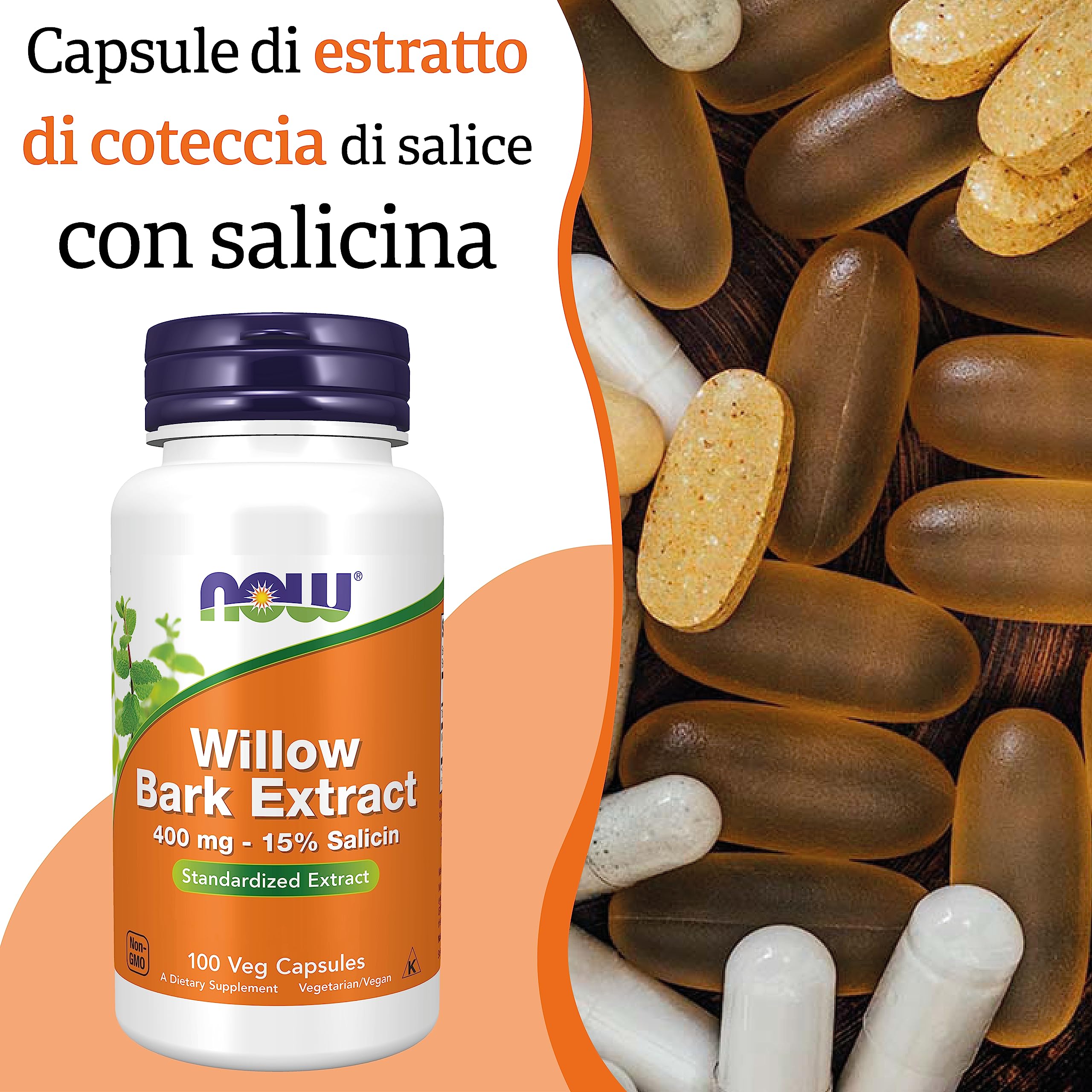 Now Foods, Willow Bark Extract (Estratto di Corteccia di Salice), 400mg, 100 Capsule vegane, Testato in Laboratorio, Senza Soia, Senza Glutine, non OGM