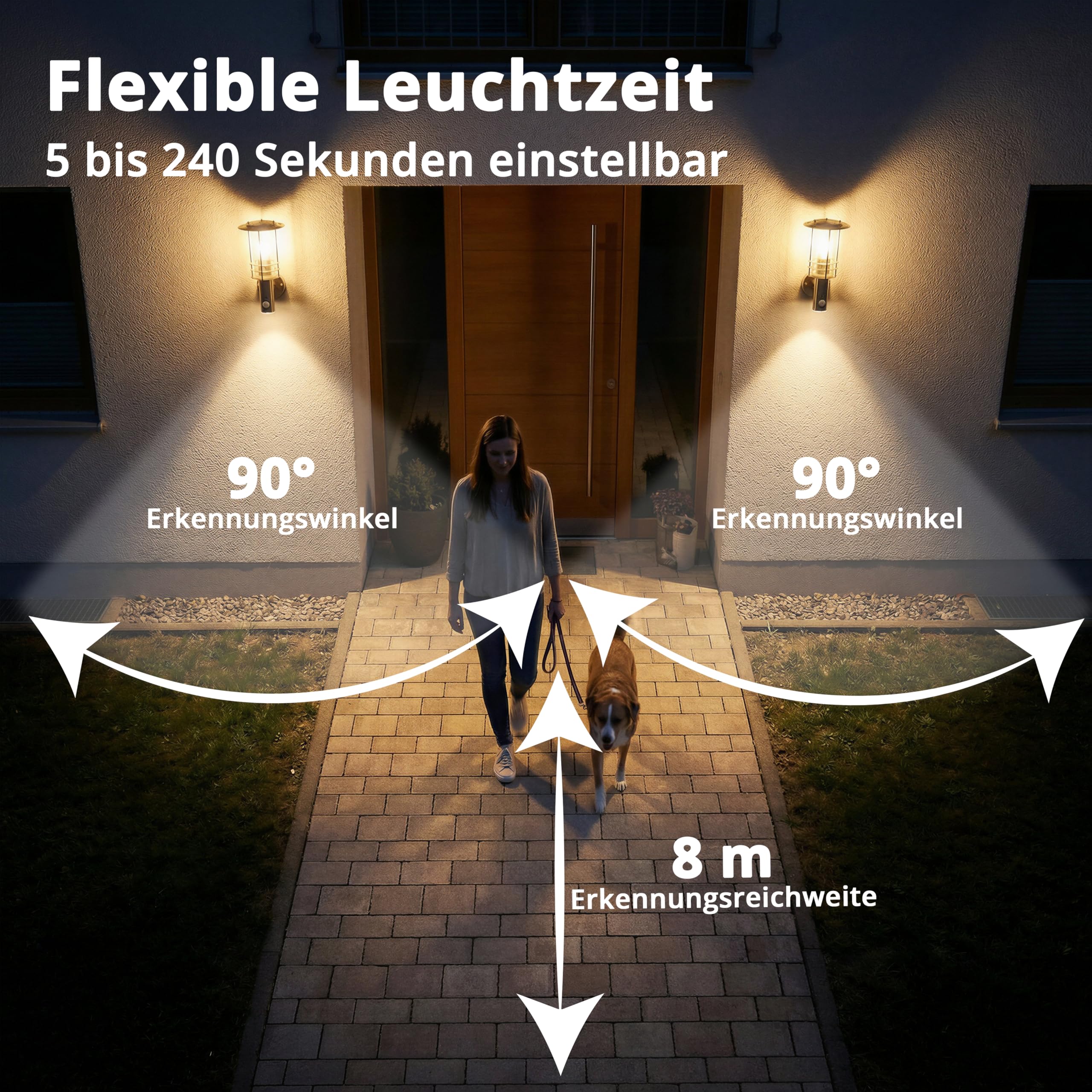 Grafner Design Edelstahl Wandlampe mit Bewegungsmelder, 1x E27 Fassung, IP44, 360° rundum Lichtschein, für außen und innen, Wandleuchte Lampe Außen Hoflampe PIR