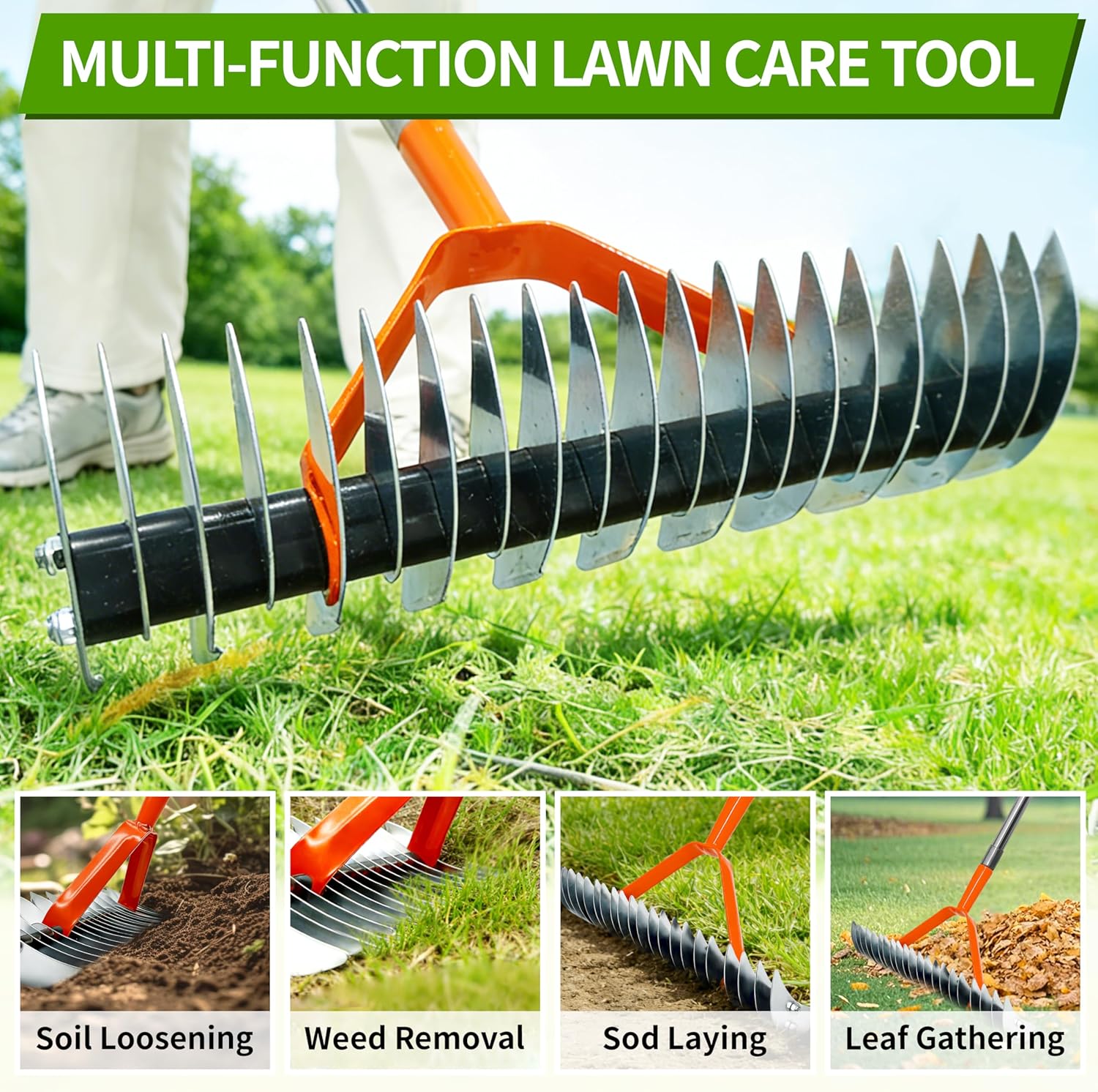 TCBWFY Thatch Rake for Lawn,14.57" Dethatcher Rake,Heavy-Duty Metal Thatching Rake,68" Adjustable Manual Dethatcher with 19 Tines,Dead Grass Remover Tool for Yards and Gardens