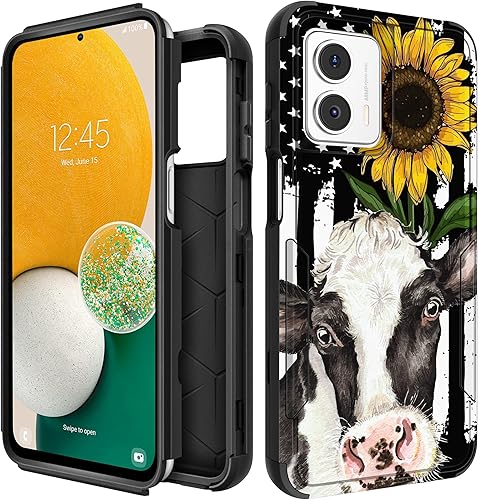 Plakill Funda para Moto G 5G 2023, 3 en 1, diseño de vaca, girasol, resistente, protectora, dura, a prueba de golpes, para Motorola Moto G 5G 2023,