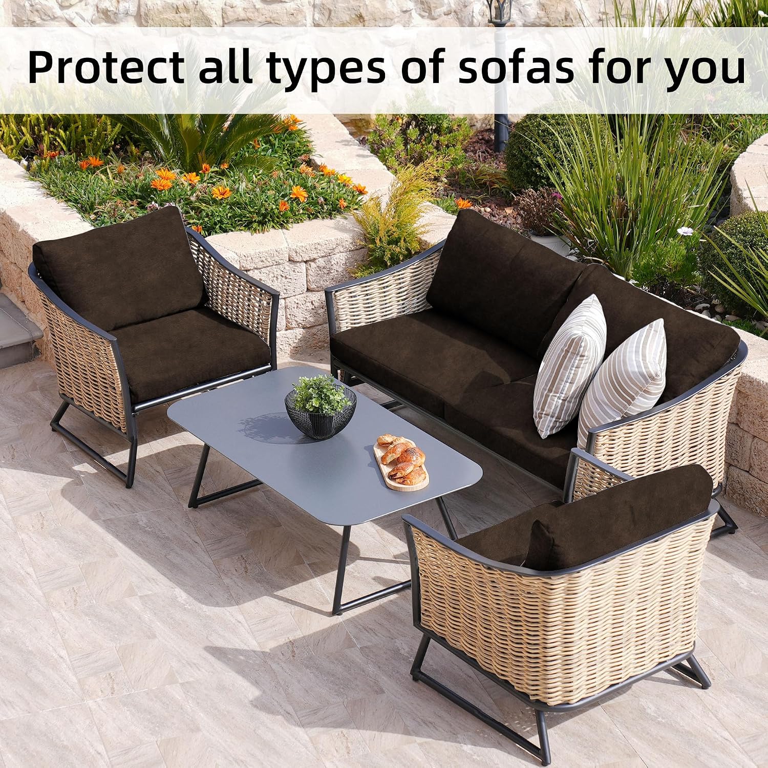 BIETYONE 8Pcs Stretch Velvet Patio Cushion Cover,Fluffy,for Fall Outdoor Couch Cushion Cover Replacement,Washable Indoor Outdoor Cushion Slipcovers(Coffee,Cover Only) thumbnail