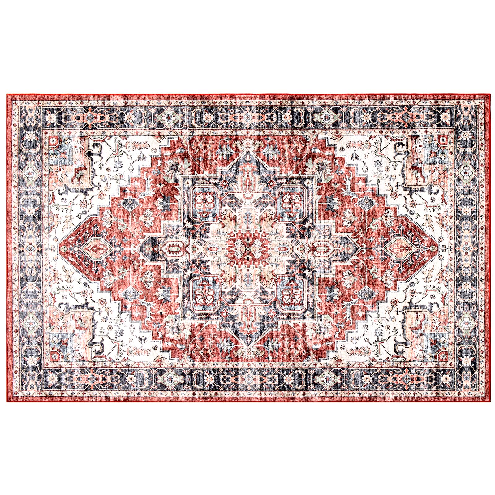 Carvapet dywan na korytarz, nadaje się do prania, 150x210cm, antypoślizgowy, długi, cienki dywan w stylu vintage z medalionem, kolor czerwony, do salonu, sypialni, kuchni