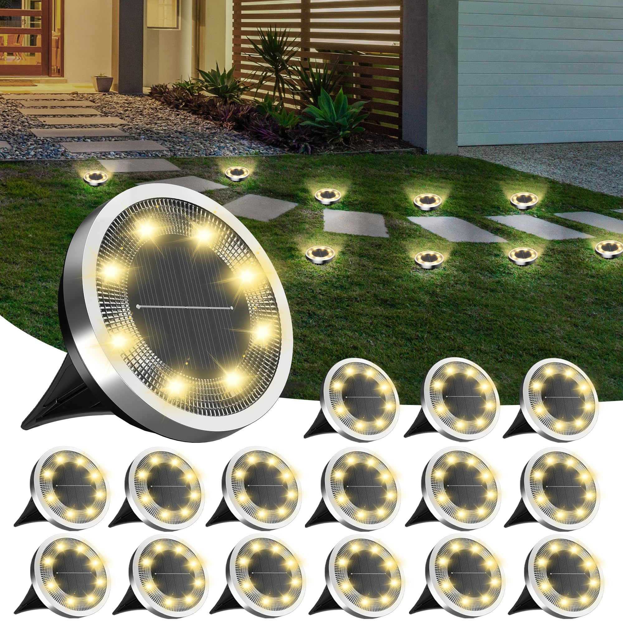 INCX Solar-Bodenleuchten für den Außenbereich, 8 LEDs, IP65 wasserdicht, Warmweiß, 16 Stück | 600mAh Ni-MH Akku, 8-10h Laufzeit, Edelstahl, ABS und PP Körper, Solar Gartenleuchten für Wege, Rasen und Einfahrten