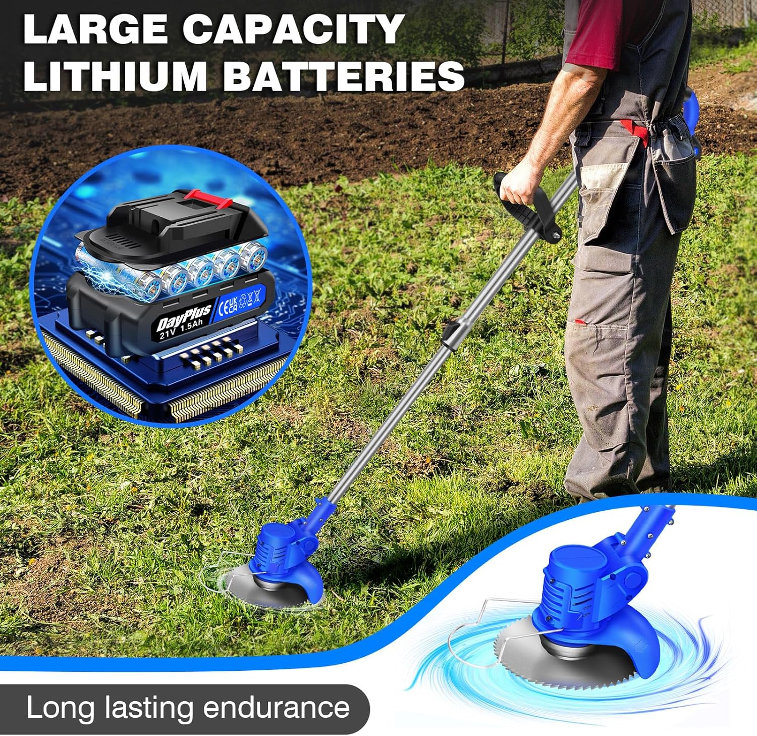 21V Cordless Strimmer, Grass Trimmer 10,000 RPM, Garden Strimmer Cordless with 2 Batteries is The Perfect Partner for All Your Garden and Lawn Care Needs