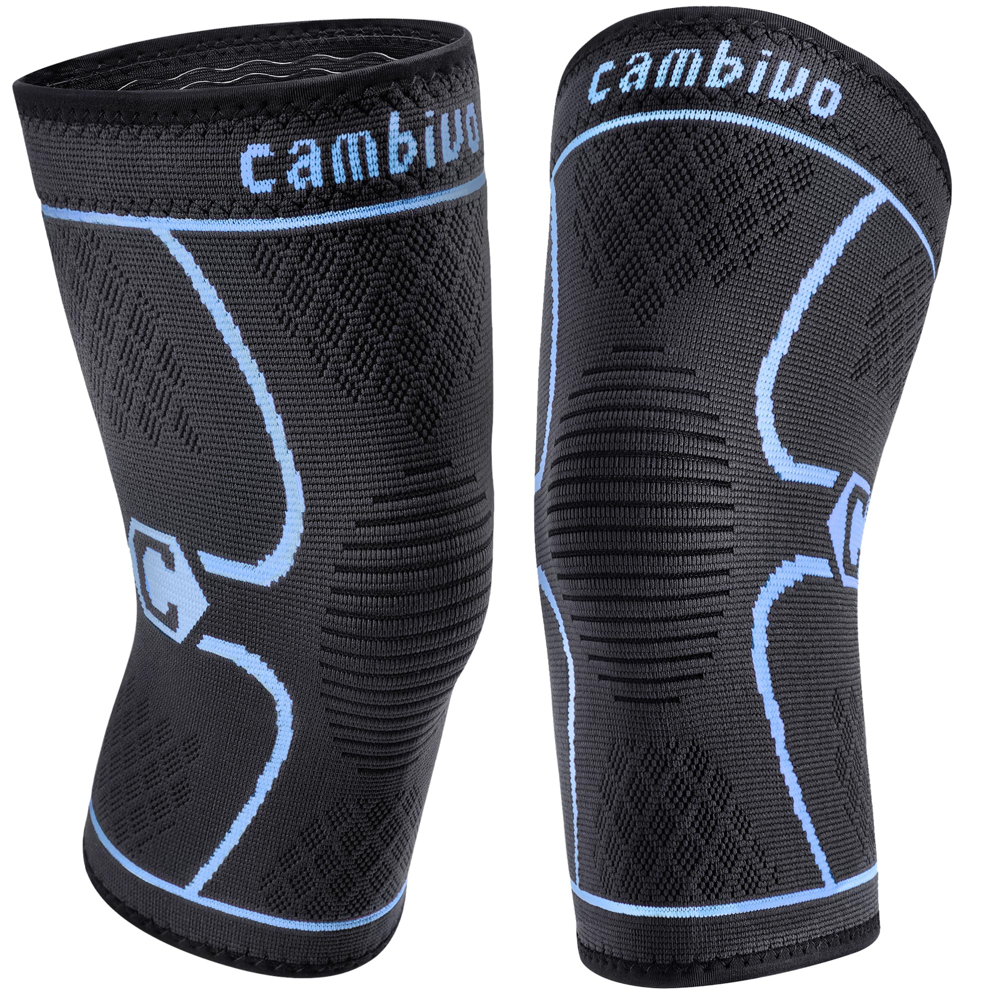 CAMBIVO 2 Pack Knee Brace, Knee Compression Sleeve for Men and Women, Knee Support for Running, Workout, Gym, Hiking, Sports (Blue,Medium)