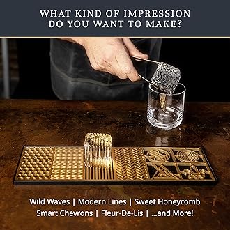 Clear Ice Cube Maker Design Tray - Craft Modern Ice Molds for Bourbon & Cocktails in 5 Seconds - Whiskey Mold Cube Stamp – Bartender Accessories - Copper Ice Press Cocktails by Ash Harbor (Patterns)