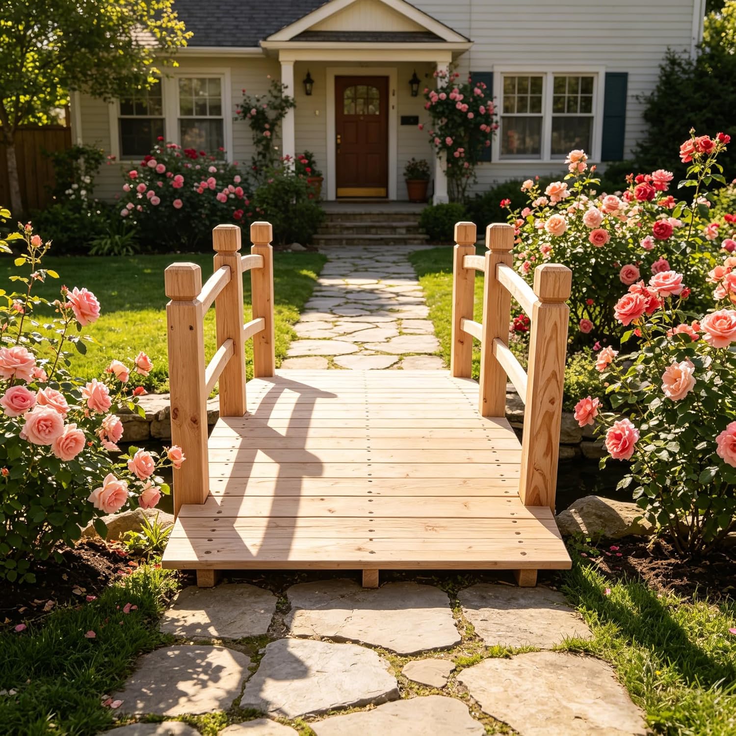 5 ft Garden Bridge Wooden Bridges for Outdoors, Classic Arch with Safety Rails Stained Finished Footbridge, Garden Decor Pond Landscaping, Creek or Far, Backyard Decoration, Wood