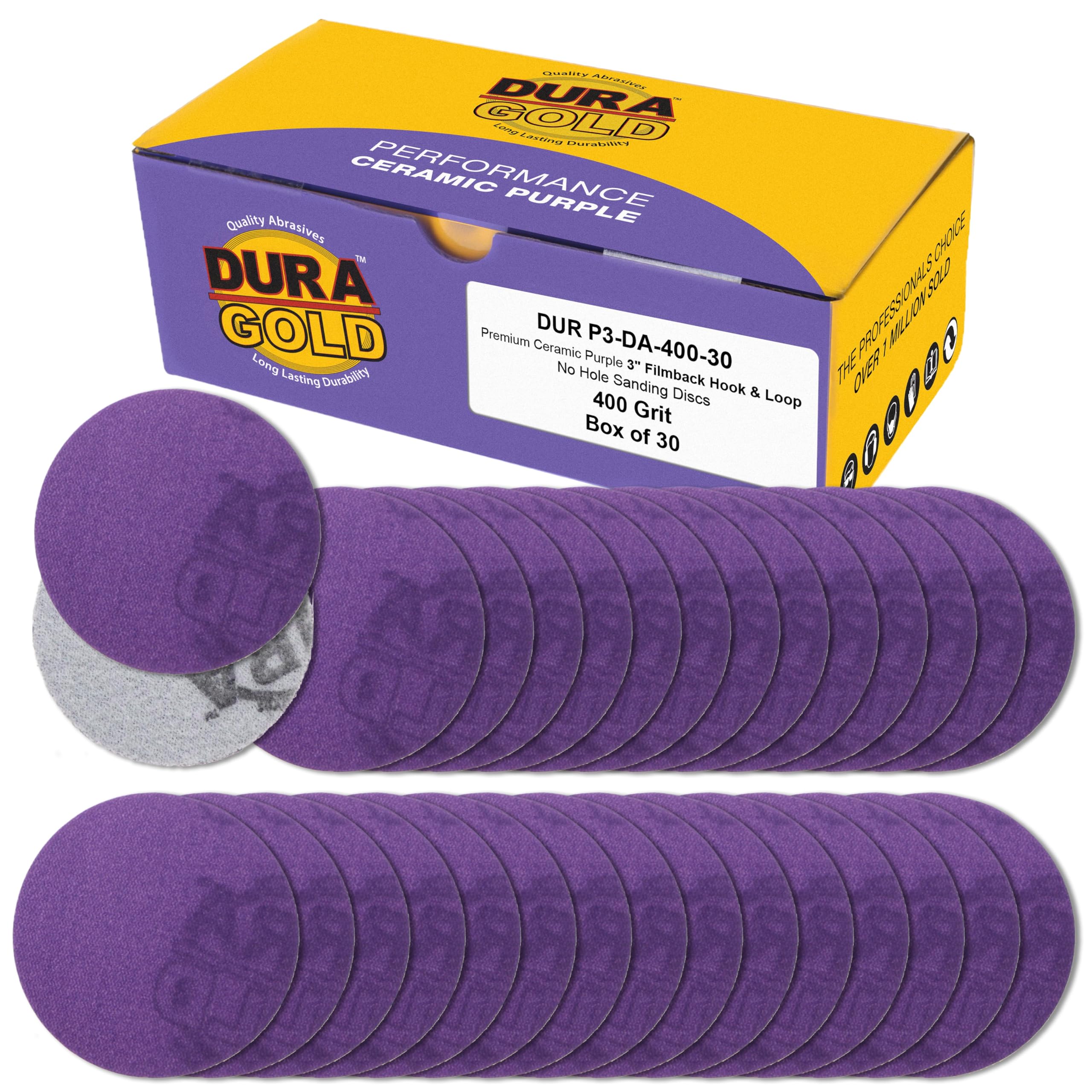 Dura-Gold Premium 400 Grit 3" Purple Film Ceramic Sanding Discs, Box of 30 - Hook & Loop Backing Sandpaper for DA Sander, Drill, Grinder, Rotary Tool