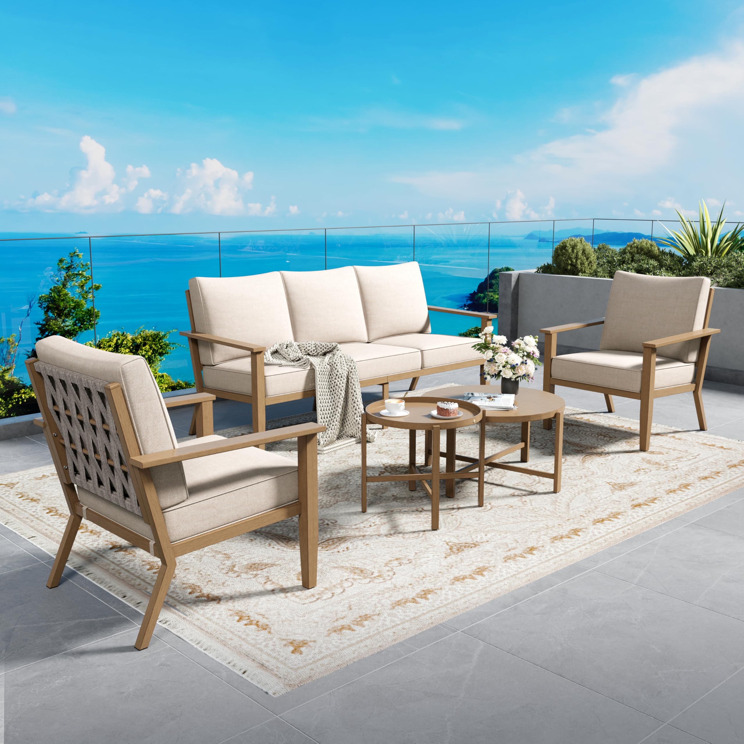 Patio Conversation Set 5 Pcs Metal Outdoor Furniture with 3-Seater Sofa 2 Single Chairs Metal Nested Table and