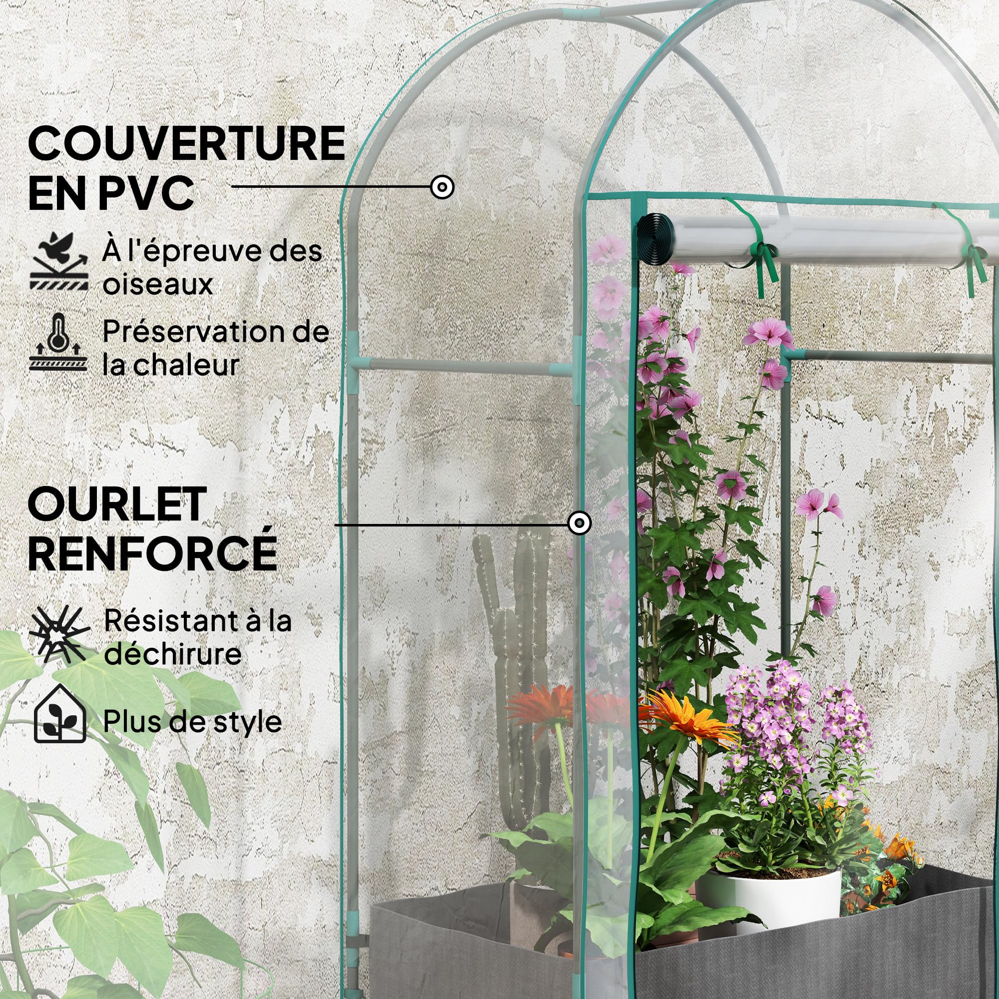 Outsunny Serre de Jardin, Serre de Balcon, Bâche Renforcée PVC, Châssis en Acier, Porte Zippée Enroulable avec Sac de Plantation, pour Légumes, Plantes, Intérieur, Extérieur, 89x50x152cm, Transparent