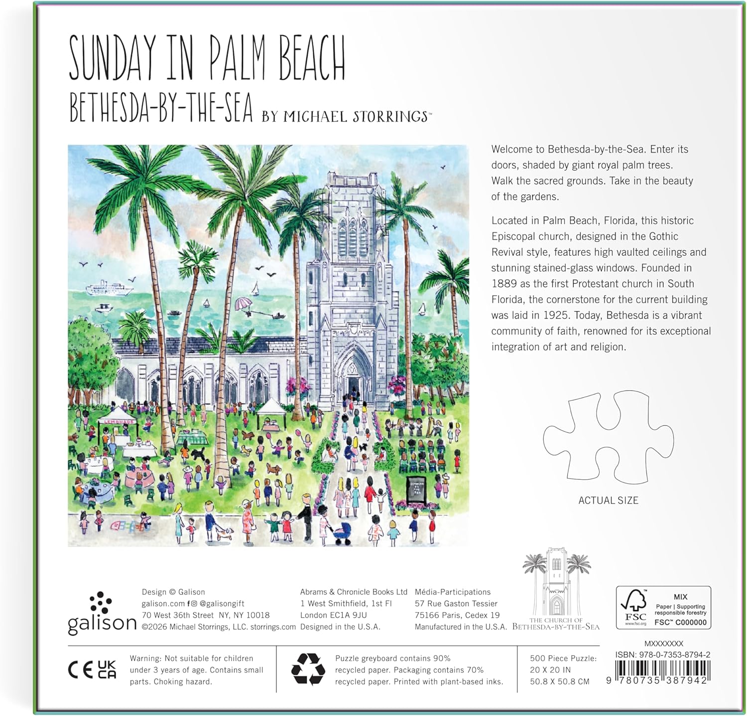 Galison Sunday Palm Beach – 500 Piece Michael Storrings Jigsaw Puzzle Featuring Beautiful Artwork of Famous Palm Beach Bethesda Church