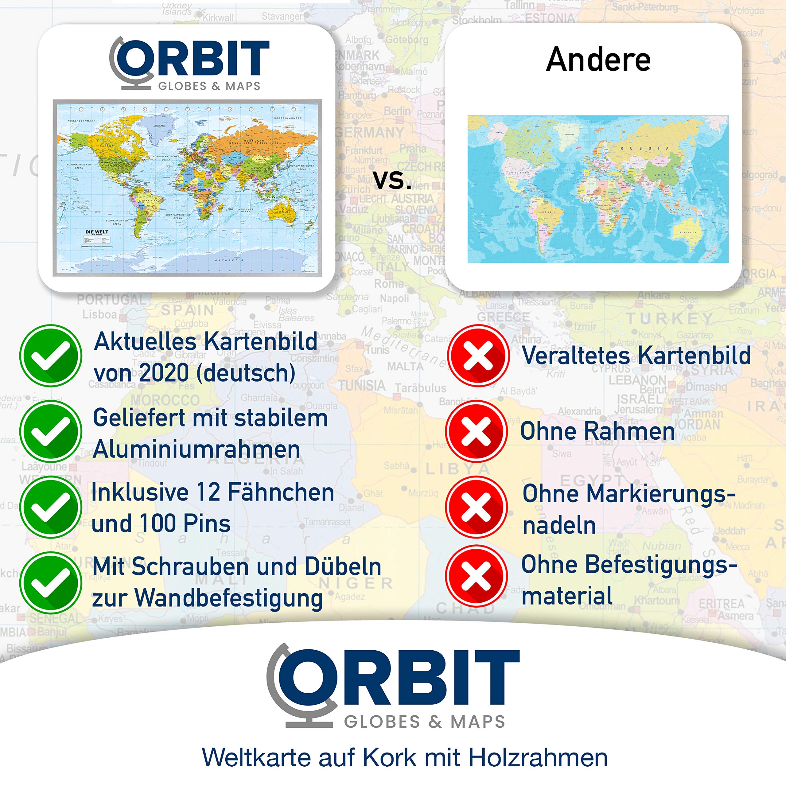 ORBIT Globes & Maps - Weltkarte - Kork Weltkarte auf Pinnwand mit Holzrahmen (silber) 90 x 60 cm, deutsch mit Fähnchen und Pins sowie Befestigungsmaterial