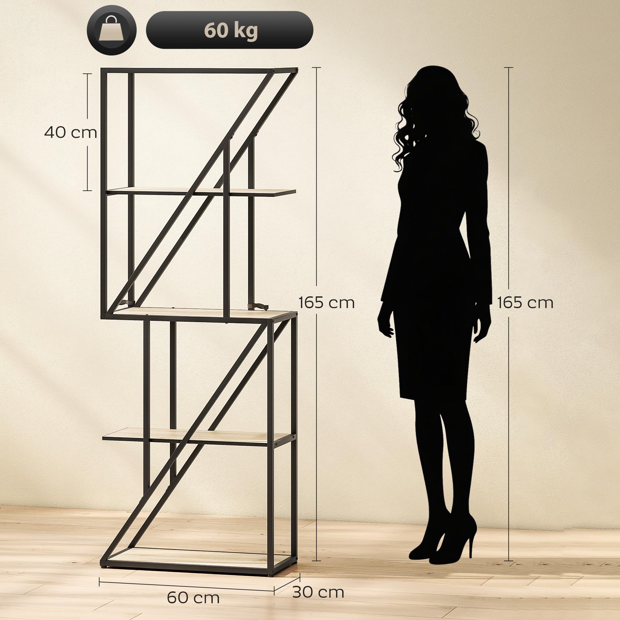 HOMCOM Librería de 5 Niveles con Estantes Abiertos 60x30x165 cm Roble | Estantería para Libros Industrial, Marco de Acero Entrecruzado, para Salón, Dormitorio, Oficina