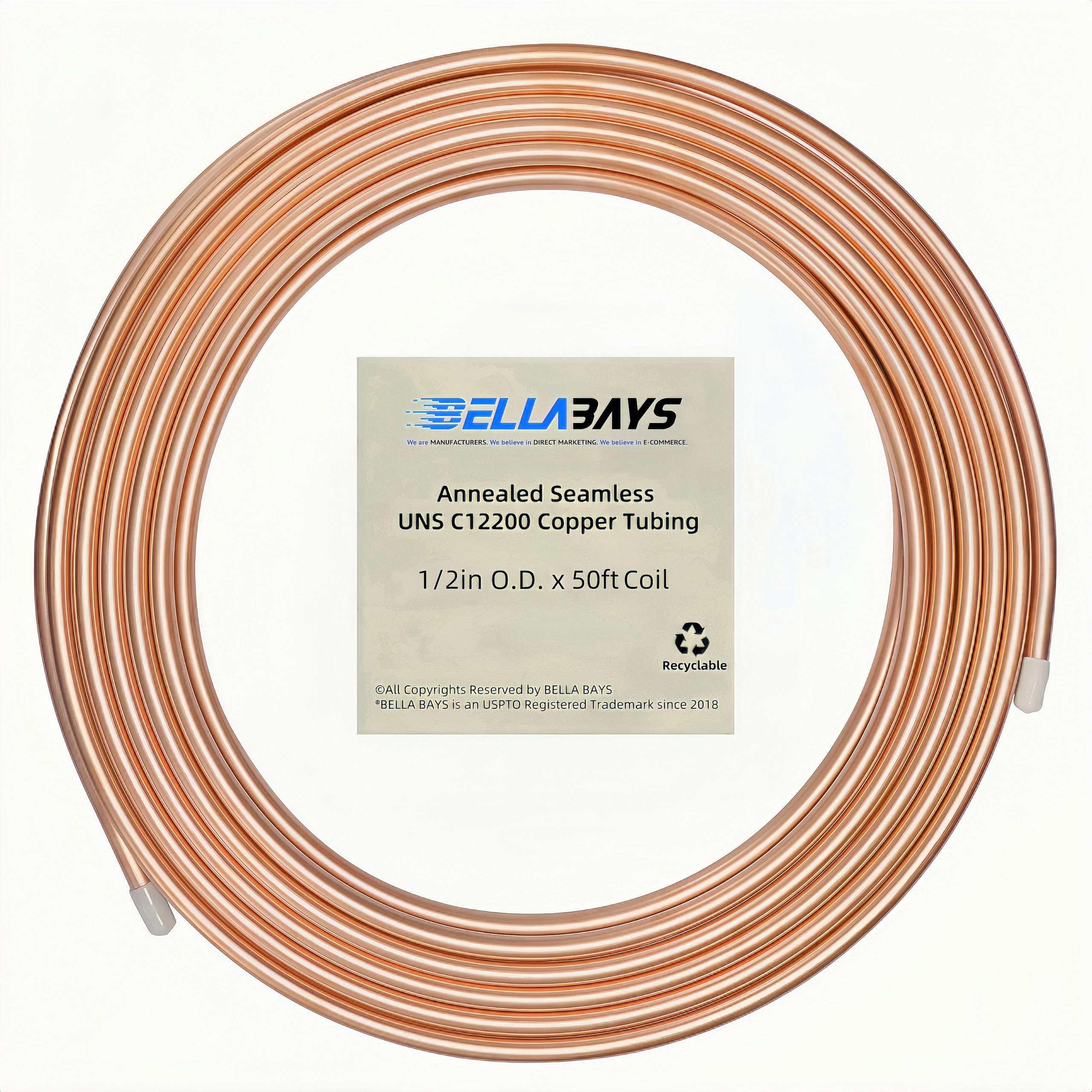 BELLA BAYS Copper Tubing 1/2" OD x 0.445" ID x 50 ft, 99.9% C12200 ASTM B280 Refrigeration ACR Tubing Seamless Soft Coil Round T2 Pure Copper Tube for HVAC System, Refrigerator, Industry, DIY