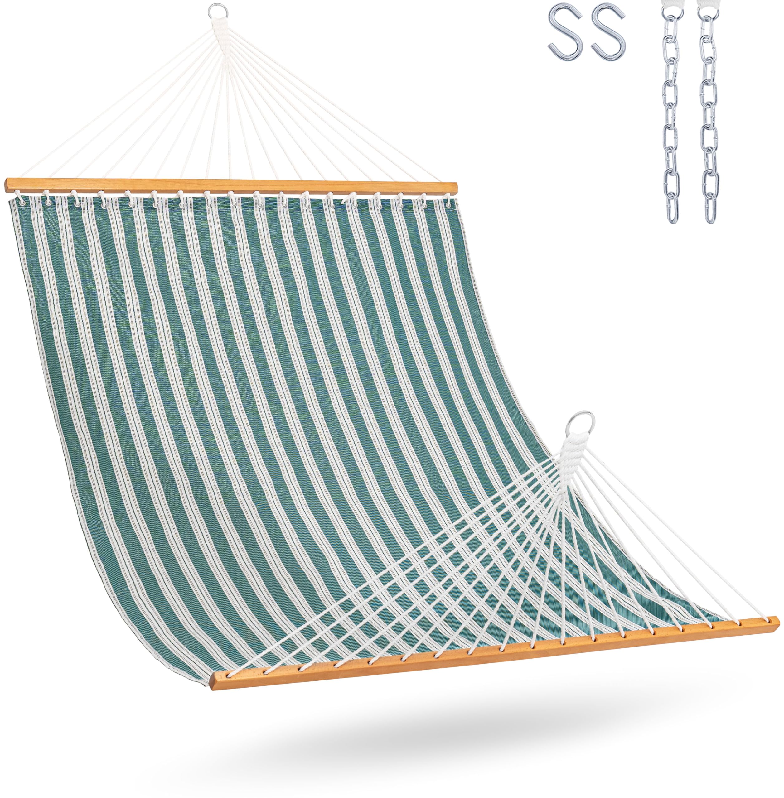 Lazy Daze Hammocks Hamaca de secado rápido con barra separadora, hamaca doble para 2 personas con cadenas al aire libre, patio, piscina, patio, playa, capacidad de 450 libras, rayas verdes
