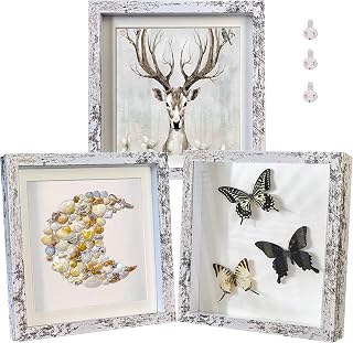 Rustic 8x8 Shadow Box Frame White Shadow Box Display Case Made of Solid Wood and Real Glass Internal Depth 0.6 inches for Wall Or Tabletop(3 Pack)