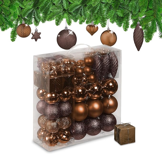 Relaxdays Set 110 Bolas Árbol Navidad, Decoración Navideña Plástico, Adornos Colgantes, Espumillones, Marrón