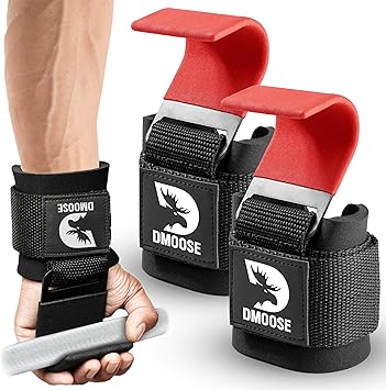 DMoose Fitness Weight Lifting Hooks Pair for Pull Ups & Shrugs - Anti-Rip Nylon Strap Hand Grips with Thick Wrist Padding - Heavy Duty Wrist Straps for Deadlifts & Gym hooks for Weightlifting