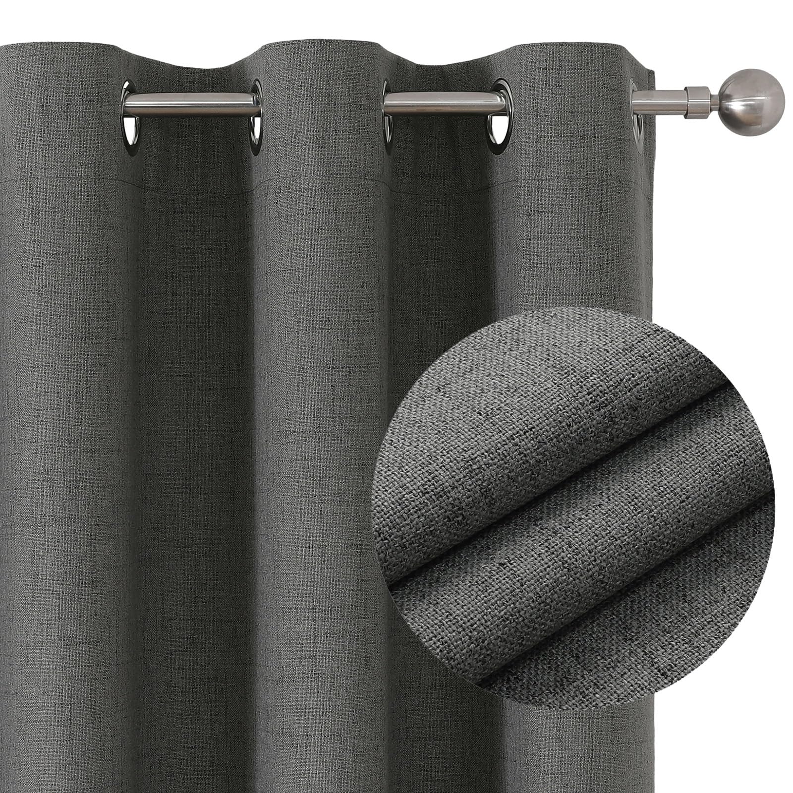Joydeco 100% Tende Oscuranti per Interni 2 Pezzi, Lino Tende Termiche con Occhielli per Soggiorno Moderne, Cameretta Bambini, Camera da Letto Blackout Curtains(Grigio, 2xL140xA175)